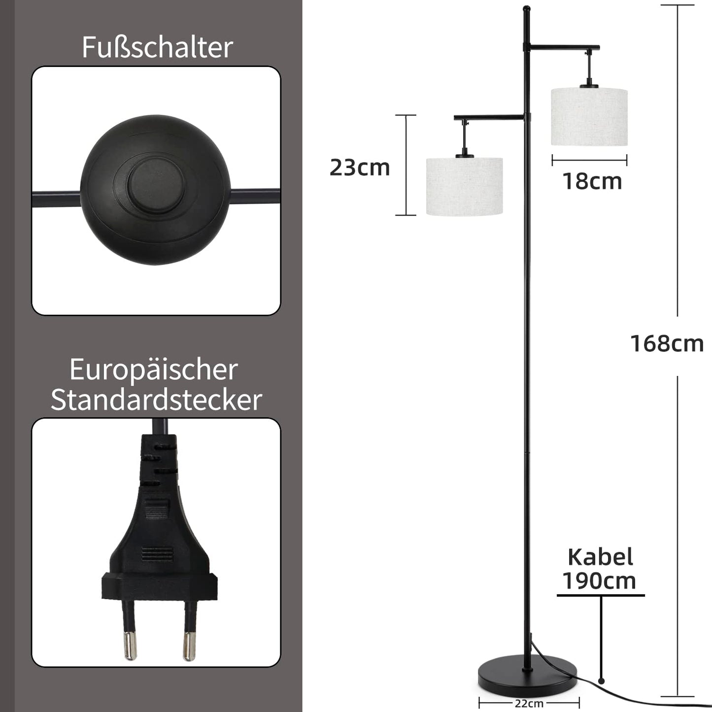 ZMH ZMH Stehlampe Wohnzimmer Modern Stehleuchte - Schwarz E27 Standleuchte Vintage 2 Flammig Bettlampe Wei? Stoff Design Standlampe Boho Deko Leselampe Max.25W mit Fu?schalte f¨¹r B¨¹ro Schlafzimmer
