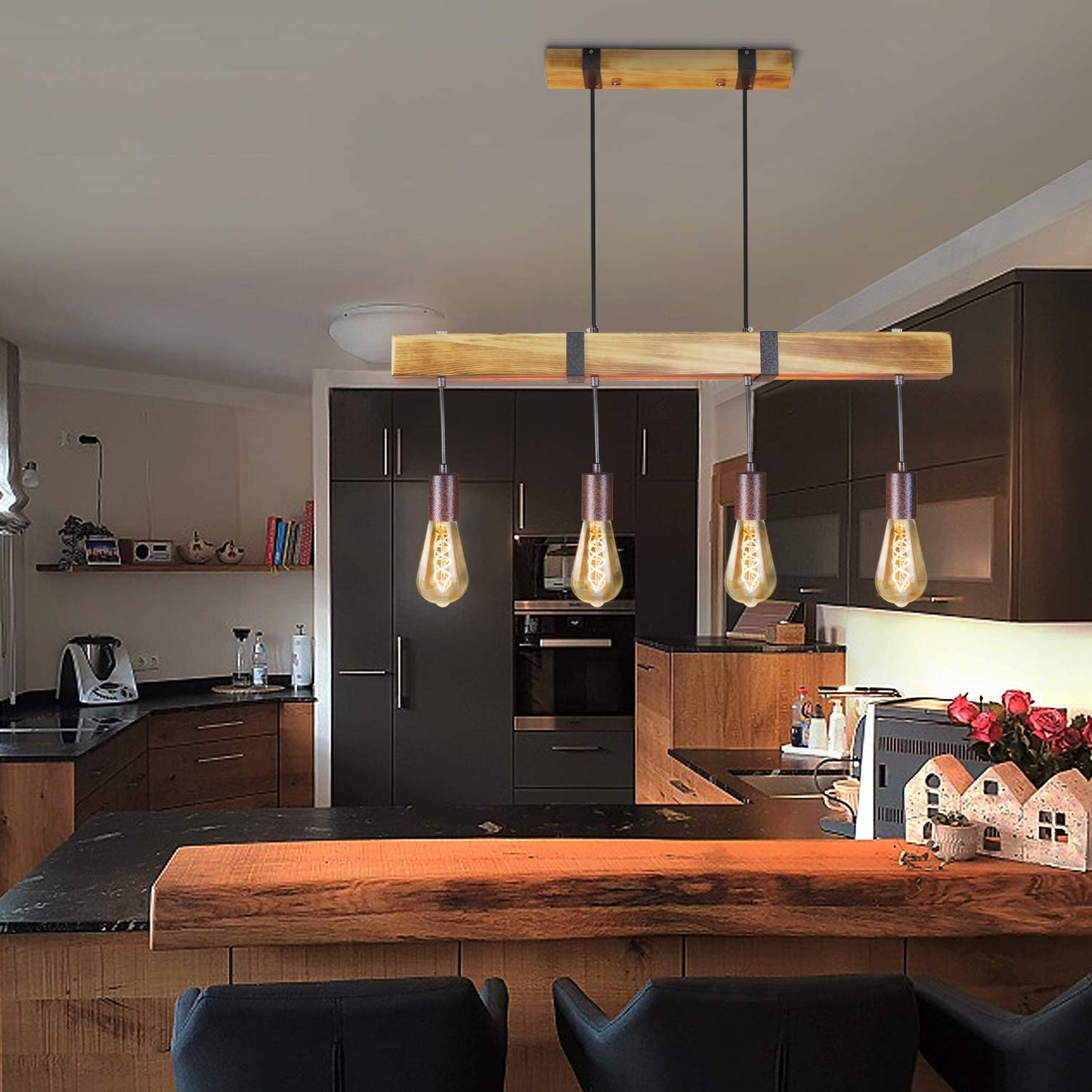 ZMH Vintage Pendelleuchte Holz Esstischlampe Retro H?ngeleuchte mit 80CM Holzbalken 4 x E27 max. 25 Watt H?ngelampe Industrial Pendellampe f¡§1r Esszimmer K¡§1che Wohnzimmer Bar Restaurant