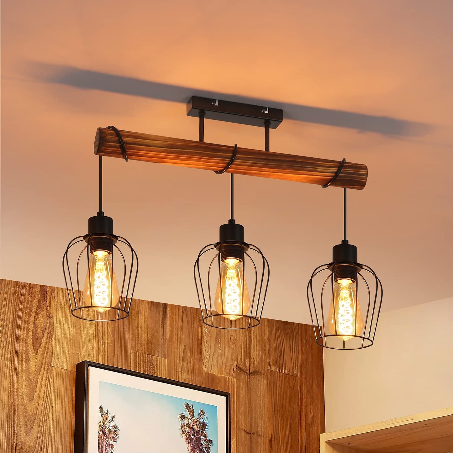 ZMH Retro Deckenleuchte Vintage Deckenlampe 3 flammige Holz Wohnzimmerlampe im Industrial Design mit h?henverstellbaren Strahlern aus Metall und Holz - Schwarz - Fassung: E27 - ohne Leuchtmittel