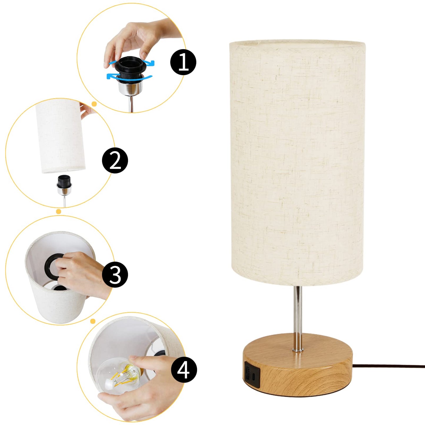 ZMH Nachttischlampe Touch Dimmbar mit Ladefunktion - Vintage Tischlampe mit USB Anschl¨¹sse Nachttisch Lampe Holzoptik Bettlampe mit Stoffschirm Tischleuchte E27 f¨¹r Schlafzimmer Hotel Bett Flur