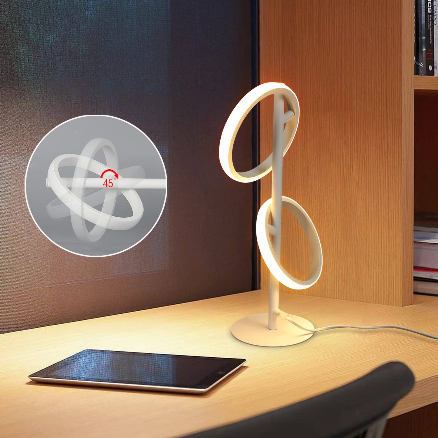 ZMH Tischlampe Modern LED Tischleuchte - Wei? Ringform Nachttischlampe Drehbaren Abnehmbar Ringen 13W 3000K Warmwei? f¨¹r Schlafzimmer Wohnzimmer Kinderzimmer B¨¹ro