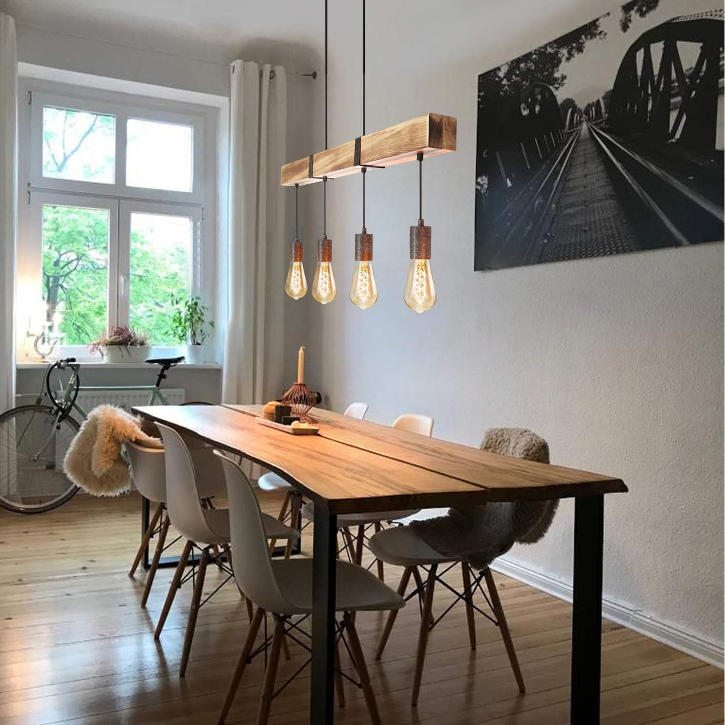 ZMH Vintage Pendelleuchte Holz Esstischlampe Retro H?ngeleuchte mit 80CM Holzbalken 4 x E27 max. 25 Watt H?ngelampe Industrial Pendellampe f¡§1r Esszimmer K¡§1che Wohnzimmer Bar Restaurant