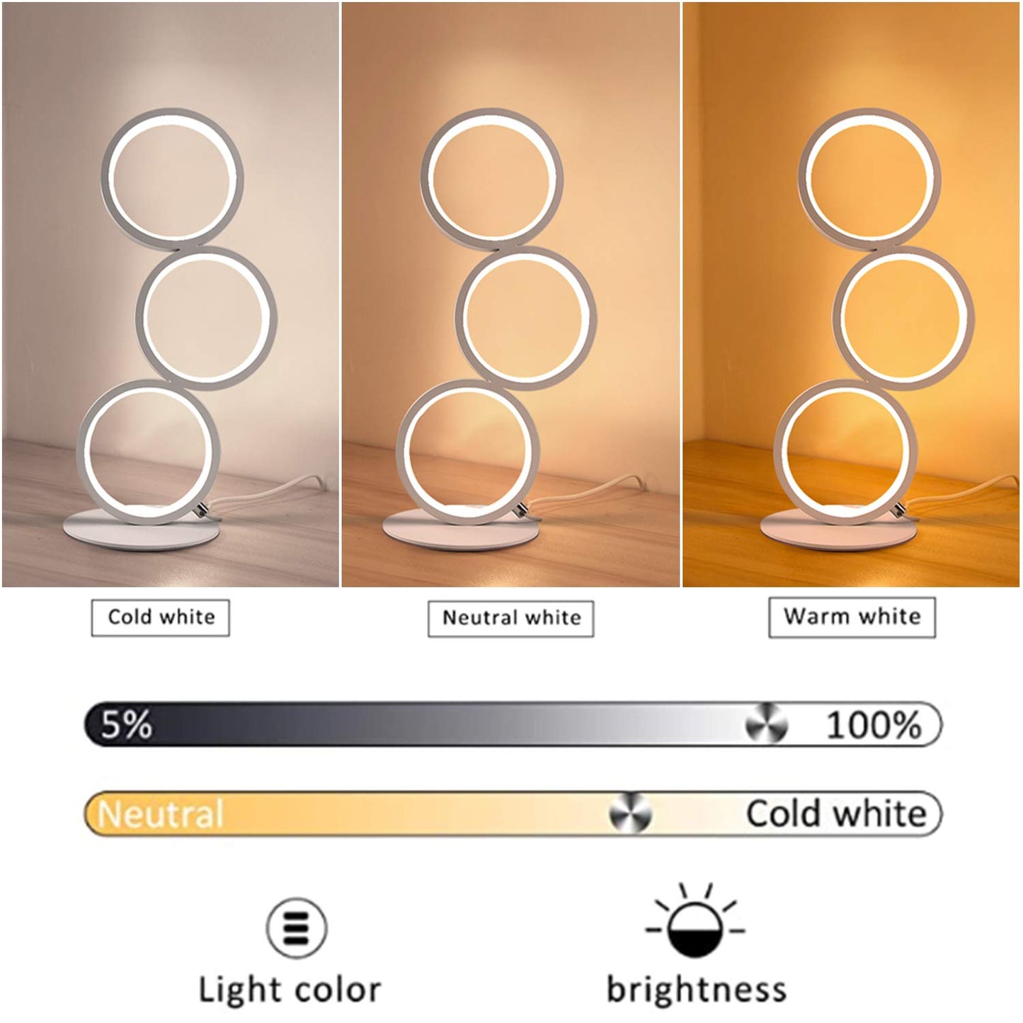 ZMH 2¡Á LED Tischlampe Dimmar Modern Nachttischlampe Wei? Schreibtischlampe in Ringform aus Aluminium, 12W Deko Nachtlampe f¨¹r Schlafzimmer Wohnzimmer Arbeitszimmer B¨¹ro
