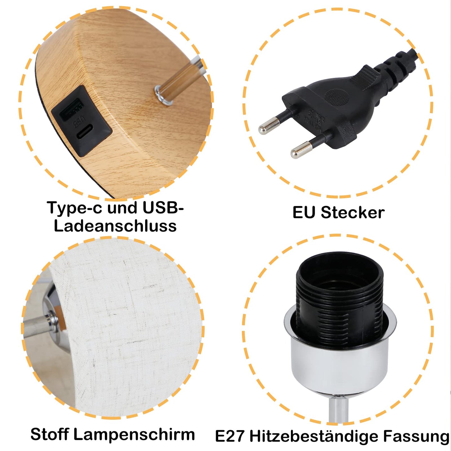 ZMH Nachttischlampe Touch Dimmbar mit Ladefunktion - Vintage Tischlampe mit USB Anschl¨¹sse Nachttisch Lampe Holzoptik Bettlampe mit Stoffschirm Tischleuchte E27 f¨¹r Schlafzimmer Hotel Bett Flur
