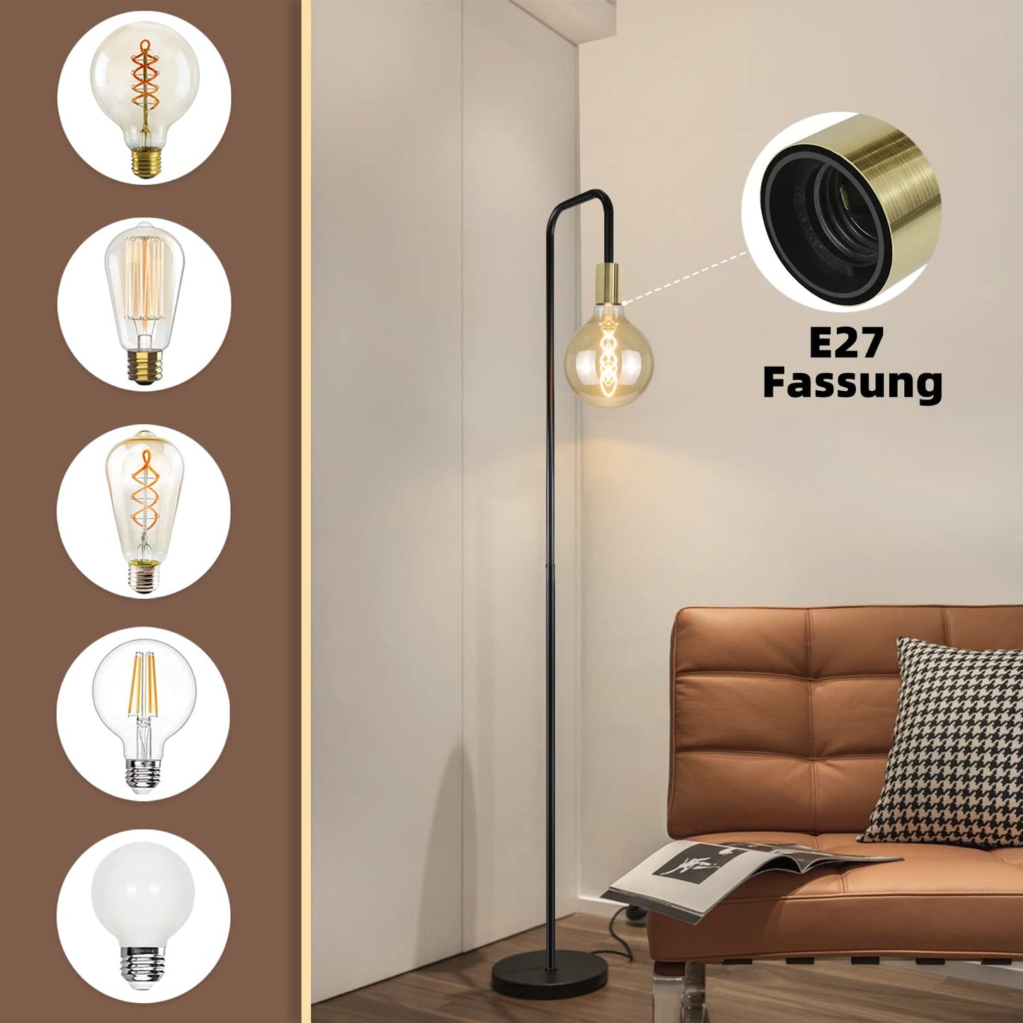 ZMH Stehlampe Wohnzimmer Vintage Standleuchte Schwarz Gold mit Fu?schalter Industrial Metall Stehleuchte Design Wohnzimmerlampe f¨¹r Schlafzimmer B¨¹ro (Ohne Leuchtmittel)