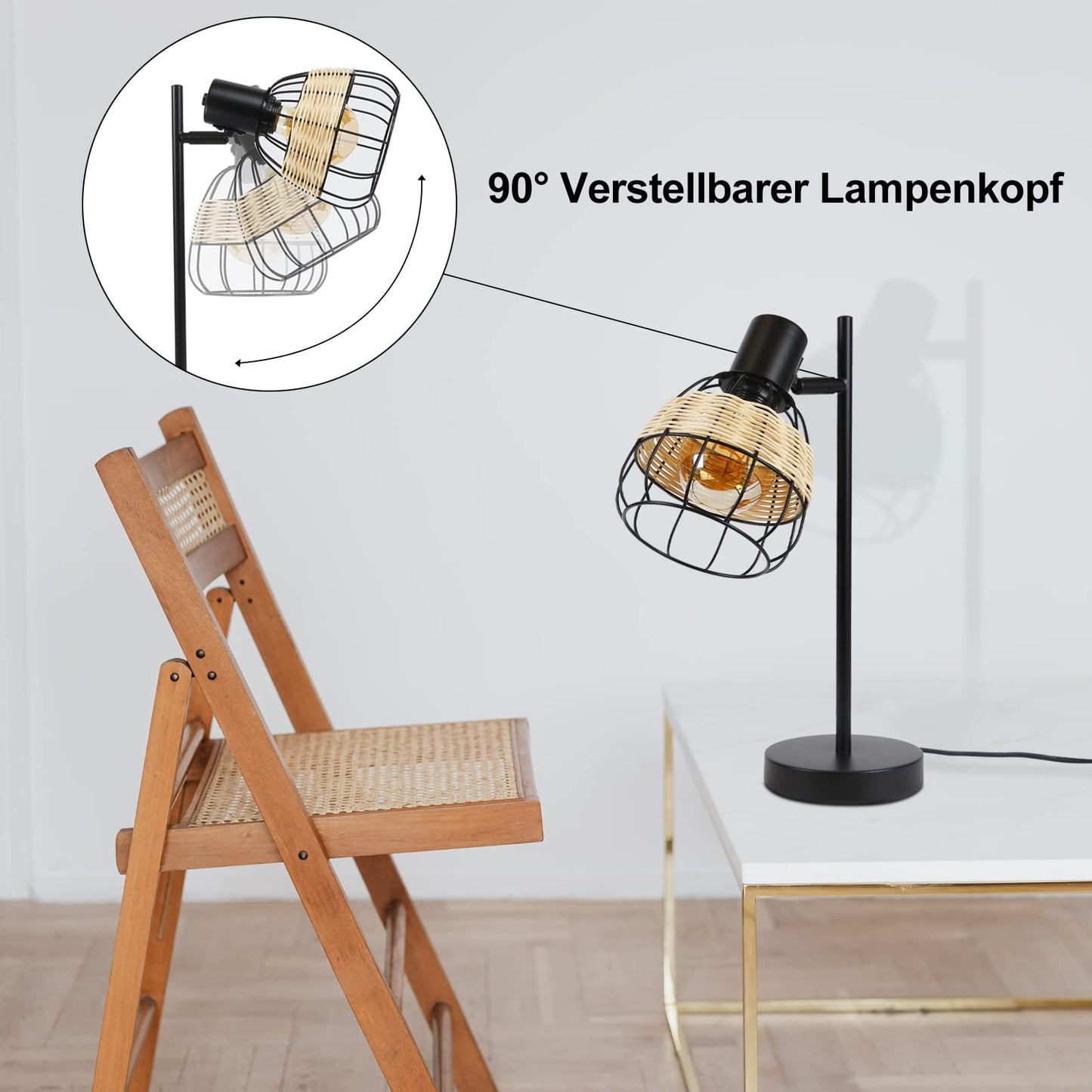 ZMH Tischlampe Vintage Tischleuchte Wohnzimmer Schwarz - E27 Nachttischlampe Retro Rattan Bambus Schwenkbar Lampenschirm Nachttischleuchte mit Schalter Max.40W Deko Schlafzimmer - Ohne Gl¨¹hbirne
