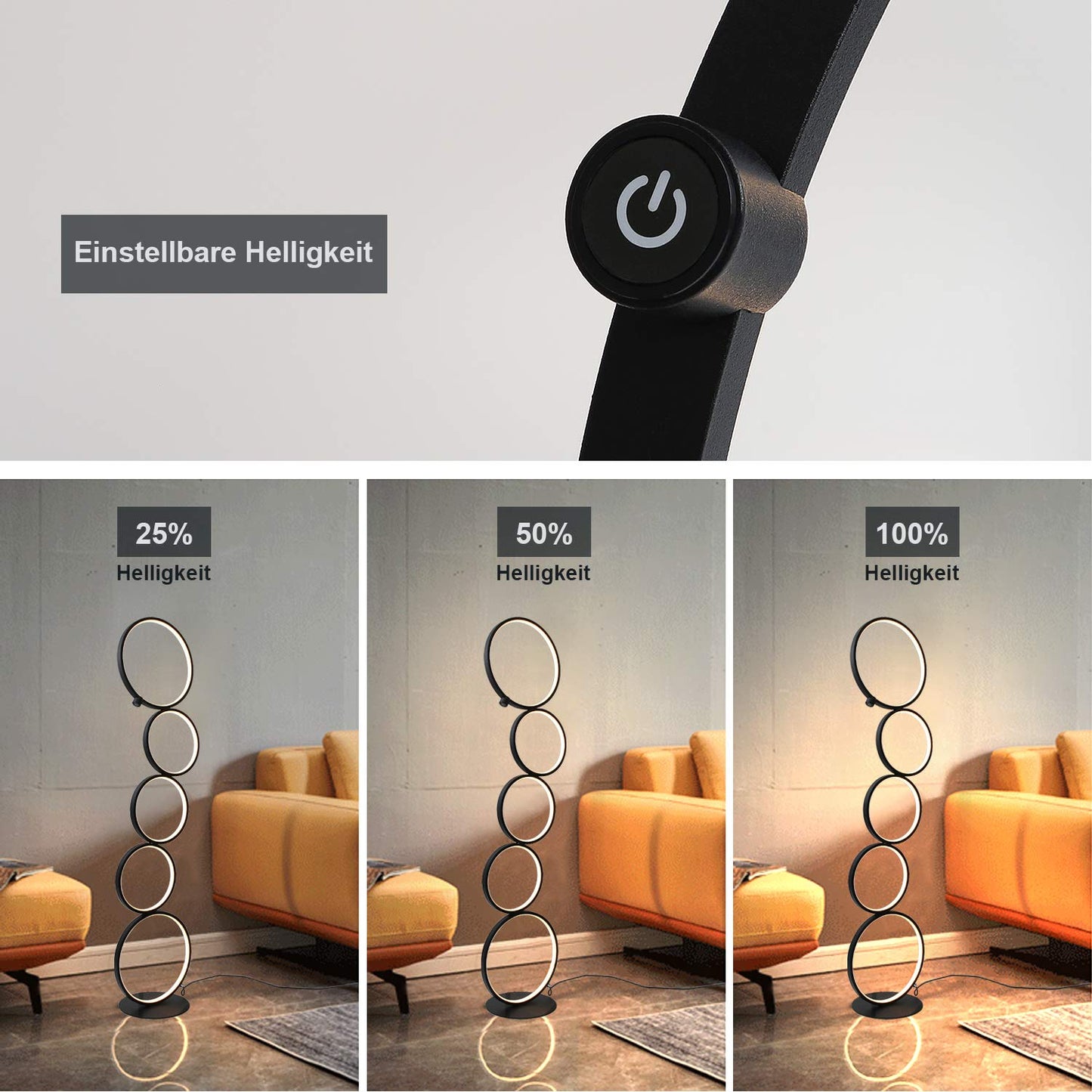ZMH LED Dimmbar Stehlampe Modern Standlampe 32W Touch Switch Stehleuchte Warmwei? 3000K Aluminium 5-flammig Ringf?rmige Schwarz Standleuchte f¨¹r Schlafzimmer Wohnzimmer Arbeitszimmer