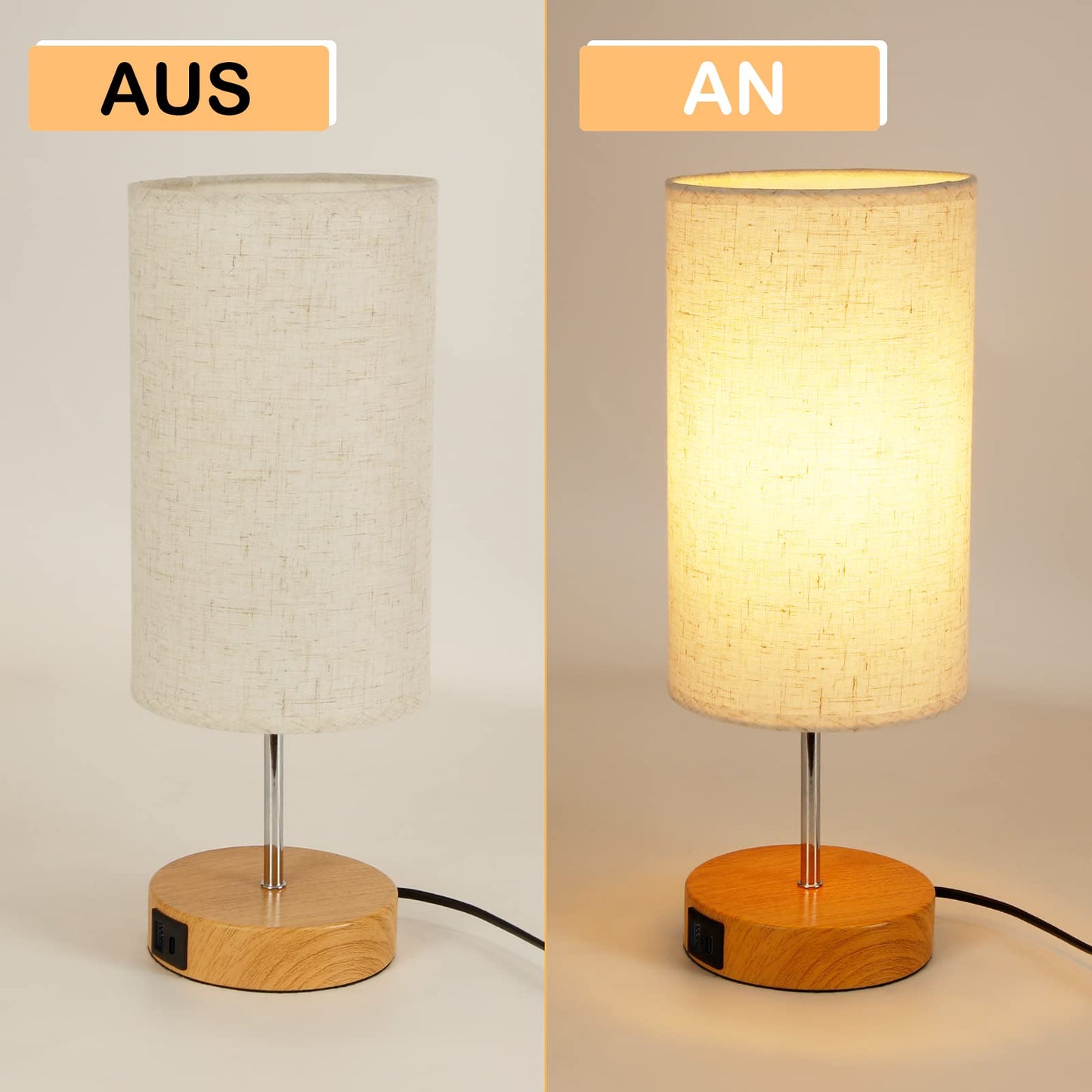 ZMH Nachttischlampe Touch Dimmbar mit Ladefunktion - Vintage Tischlampe mit USB Anschl¨¹sse Nachttisch Lampe Holzoptik Bettlampe mit Stoffschirm Tischleuchte E27 f¨¹r Schlafzimmer Hotel Bett Flur