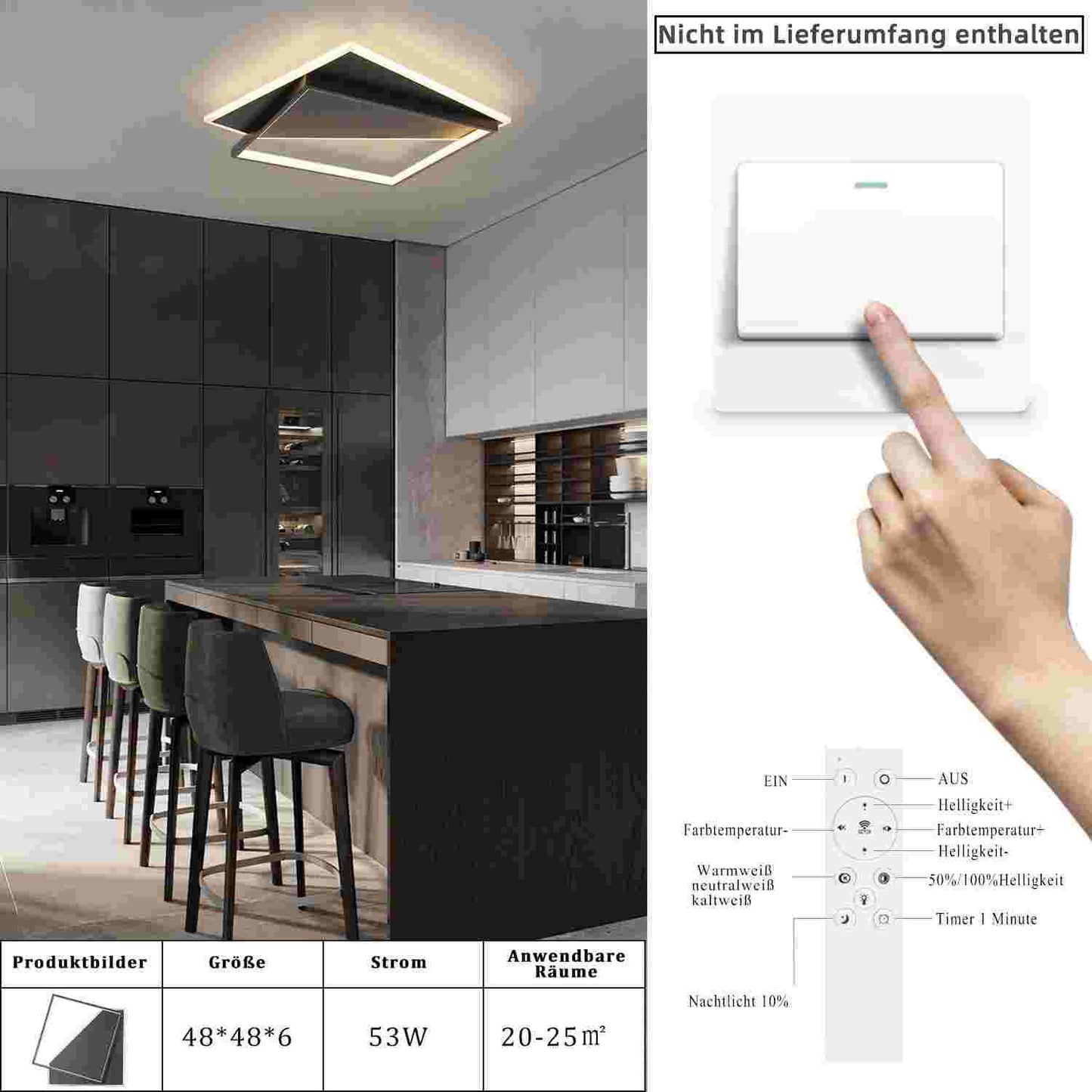 ZMH Deckenlampe LED Deckenleuchte Modern - Design 53W Wohnzimmerlampe Schwarz Dimmbar mit Fernbedienung Schlafzimmerlampe Wohnzimmer Deckenbeleuchtung f¨¹r Schlafzimmer K¨¹che Flur B¨¹ro