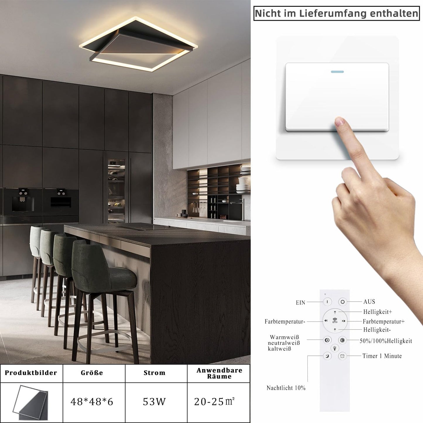 ZMH Deckenlampe LED Deckenleuchte Wohnzimmer - Dimmbar 48CM Schwarz Wohnzimmerlampe Modern Design mit Fernbedienung aus Metall Deckenbeleuchtung f¨¹r K¨¹che Esszimmer Jugendzimmer Schlafzimmer