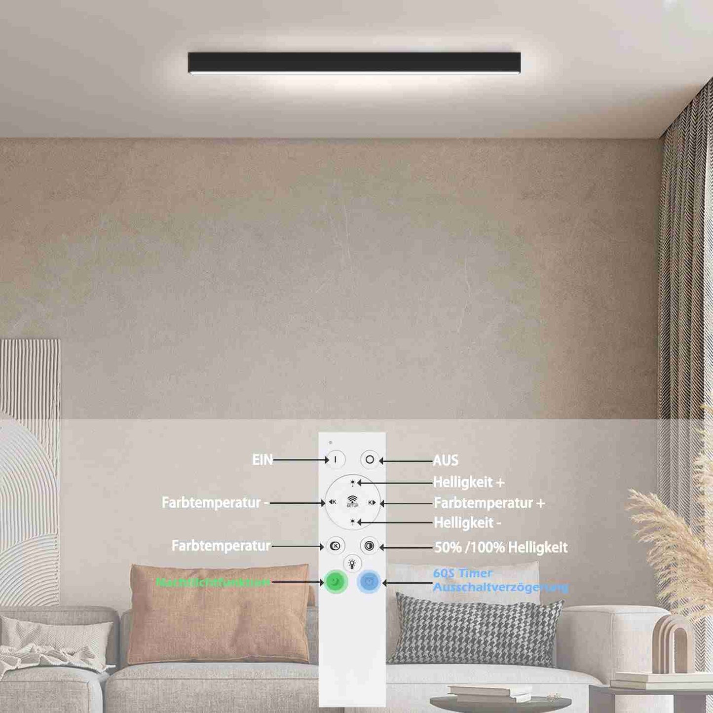 ZMH Deckenlampe LED Deckenleuchte Dimmbar - 44W Wohnzimmer Schwarz Modern B¨¹ro Deckenbeleuchtung 80CM Lang Wohnzimmerlampe mit Fernbedienung B¨¹rolampe Decke f¨¹r K¨¹che Flur Schlafzimmer
