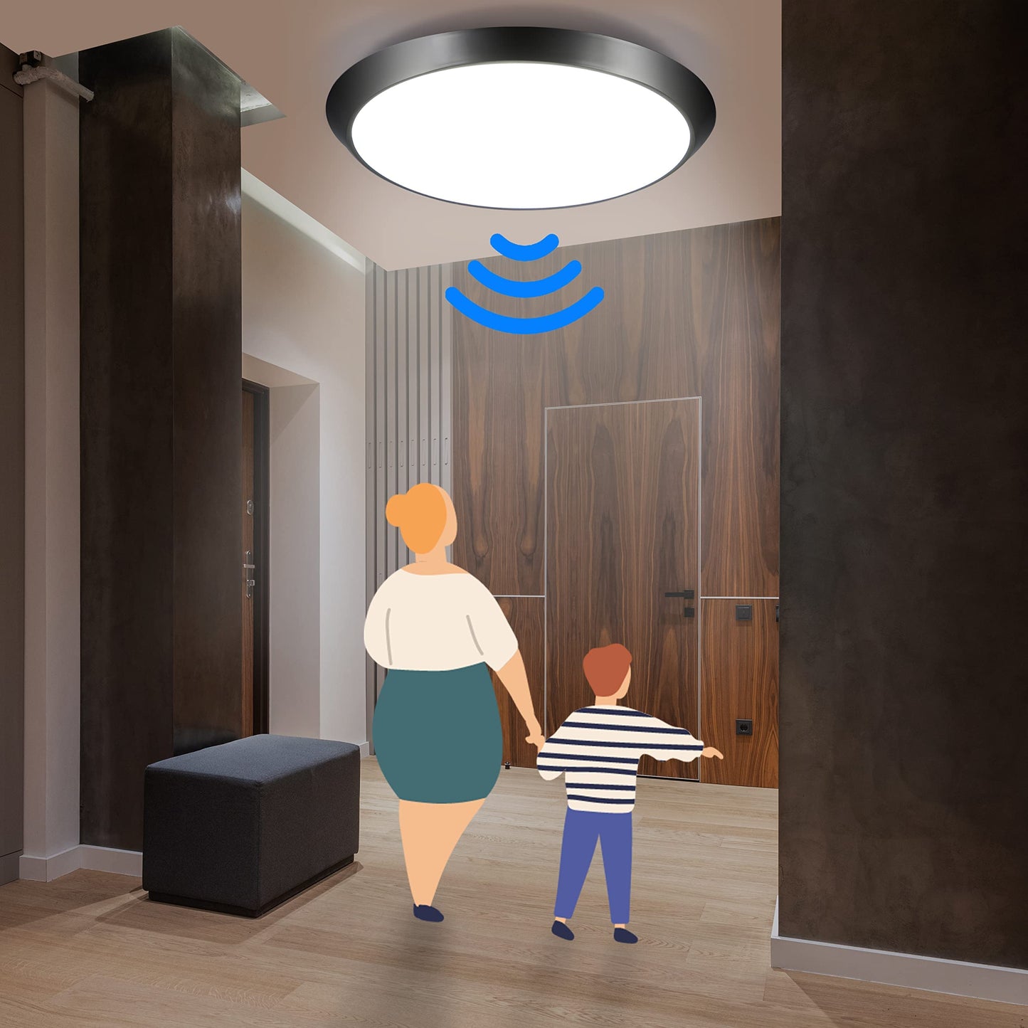 ZMH LED Deckenleuchte mit Bewegungsmelder Innen 15W LED Deckenlampe mit Bewegungssensor I IP44 Wasserdicht Sensor Lampe Schwarz Rund f¨¹r Flur Treppe Garage Balkon Keller Werkstatt ?30cm