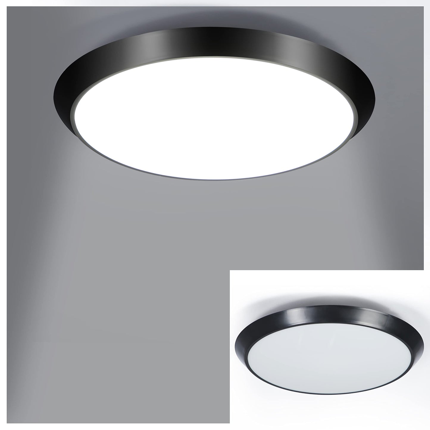 ZMH LED Deckenleuchte mit Bewegungsmelder Innen 15W LED Deckenlampe mit Bewegungssensor I IP44 Wasserdicht Sensor Lampe Schwarz Rund f¨¹r Flur Treppe Garage Balkon Keller Werkstatt ?30cm