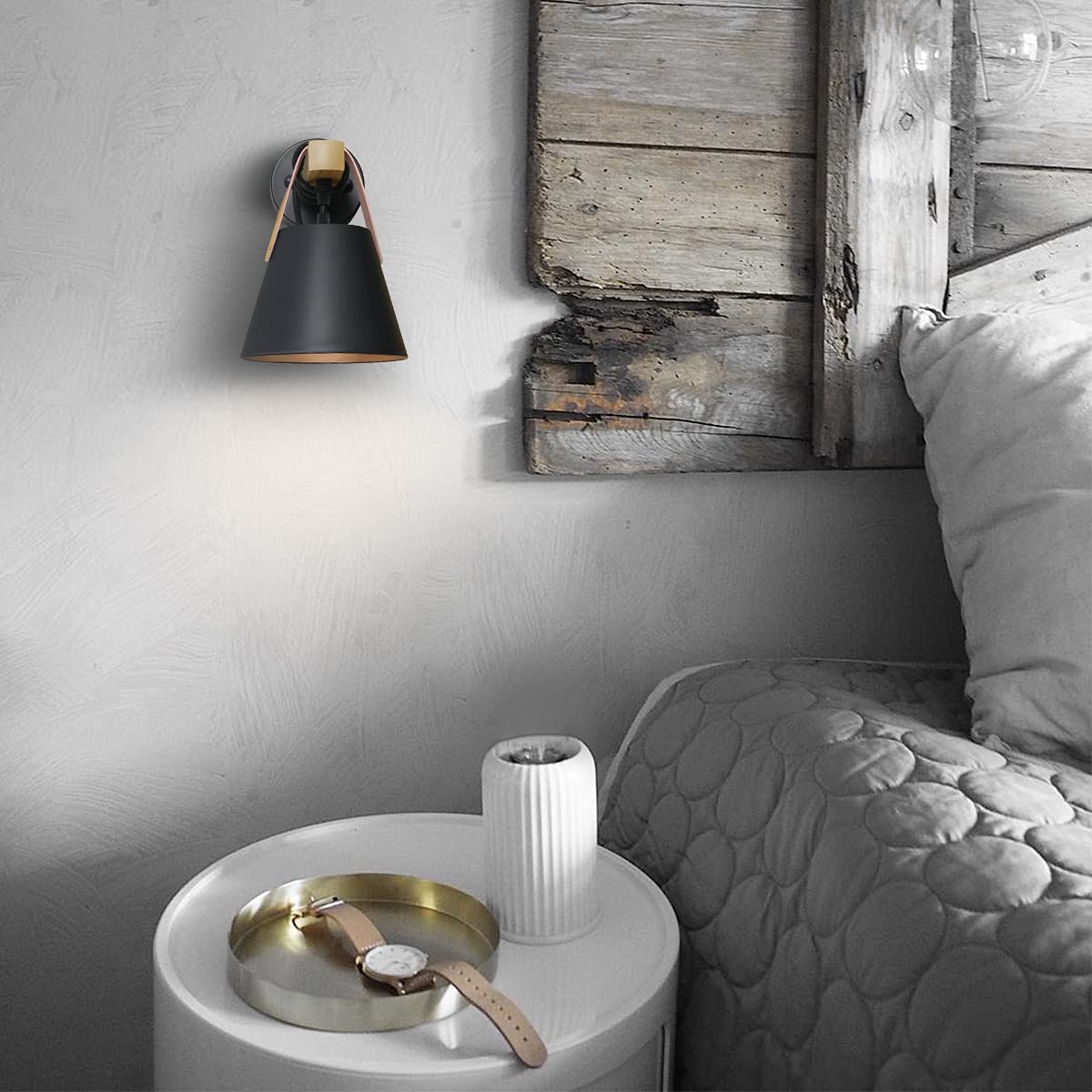 ZMH Vintage Wandleuchte Retro E27 Wandlampe in Schwarz Industrial innen Wandbeleuchtung aus Holz Leder Kunststoff f¨¹r Wohnzimmer Schlafzimmer K¨¹che Esszimmer Flur Treppenhaus Cafes (ohne Birne)