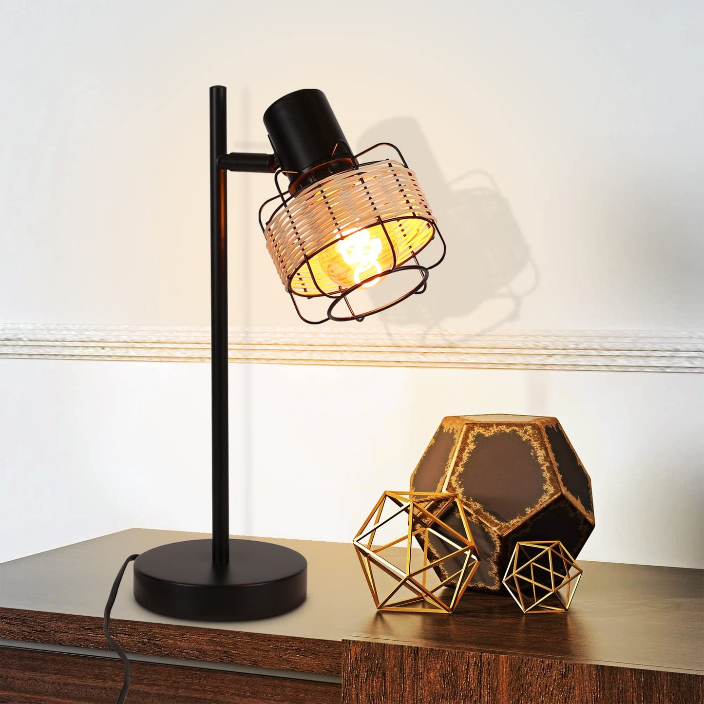 ZMH Tischlampe Vintage Landhaus Tischleuchte - Rattan Nachttischlampe Retro Schwarz Rustikal aus Bambus Metall mit Schalter E27 Boho in Natur Schwenkbar 120¡ã f¨¹r Wohnzimmer Schlafzimmer