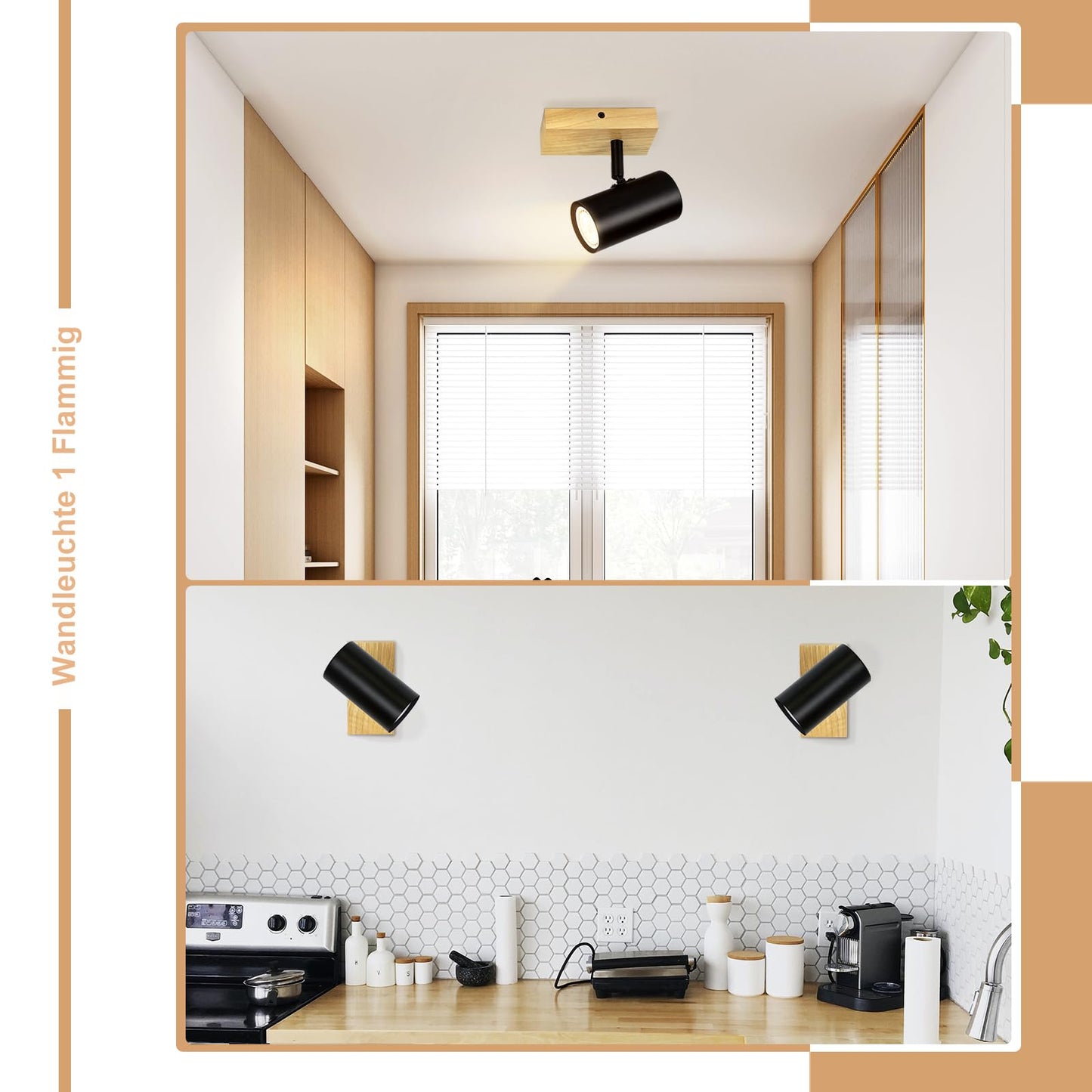 ZMH Deckenstrahler 1 Flammig Deckenleuchte Holz - Deckenlampe Flur Schwarz Metall Modern GU10 350¡ãDeckenspot Drehbar f¨¹r Wohnzimmer Schlafzimmer K¨¹che,Ohne Leuchtmittel Max.40W