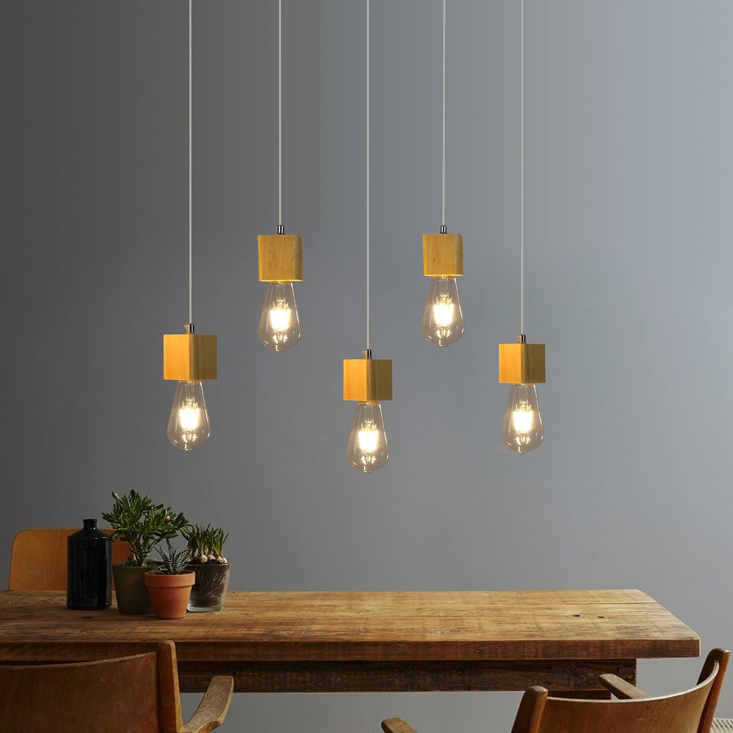 ZMH Pendelleuchte Holz Esstischlampe - 5 flammig Vintage H?ngelampe Esstischlampe H?ngeleuchte E27 Pendellampe f¨¹r Esszimmer K¨¹chen Wohnzimmer Restaurant Bar Ohne Leuchtmittel