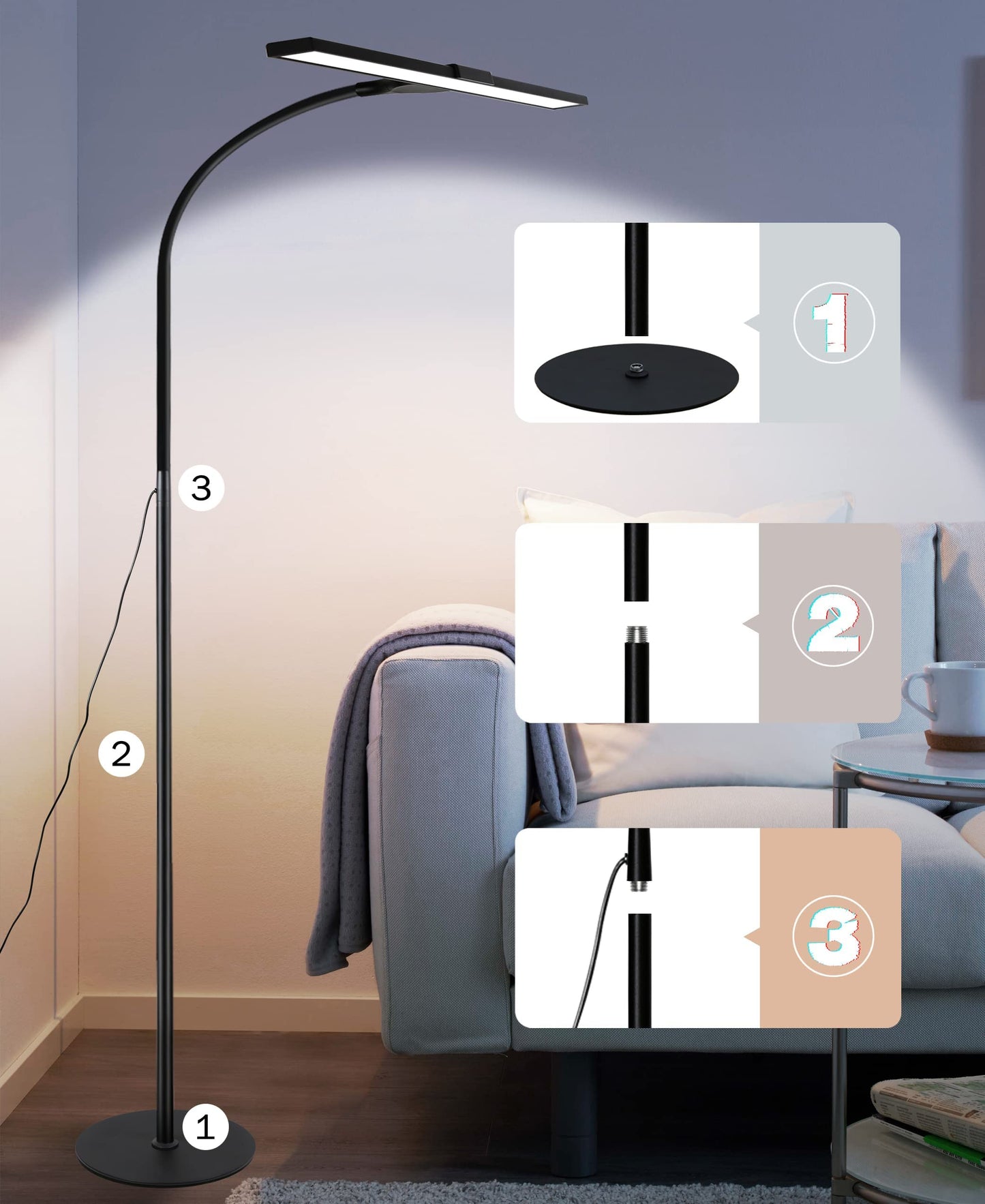 ZMH LED Stehlampe Standleuchte Leselampe - 156CM Stehleuchte Dimmbar B¨¹ro Standlampe Schlafzimmer Schwarz Modern Touch 10W Lesestehlampe mit Timer und Memory Funktion f¨¹r Wohnzimmer