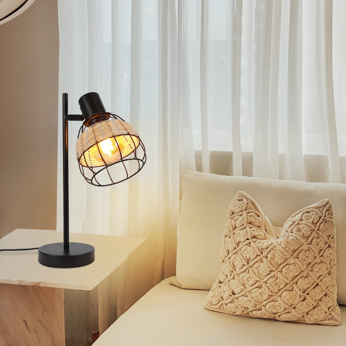 ZMH Tischlampe Vintage Tischleuchte Wohnzimmer Schwarz - E27 Nachttischlampe Retro Rattan Bambus Schwenkbar Lampenschirm Nachttischleuchte mit Schalter Max.40W Deko Schlafzimmer - Ohne Gl¨¹hbirne