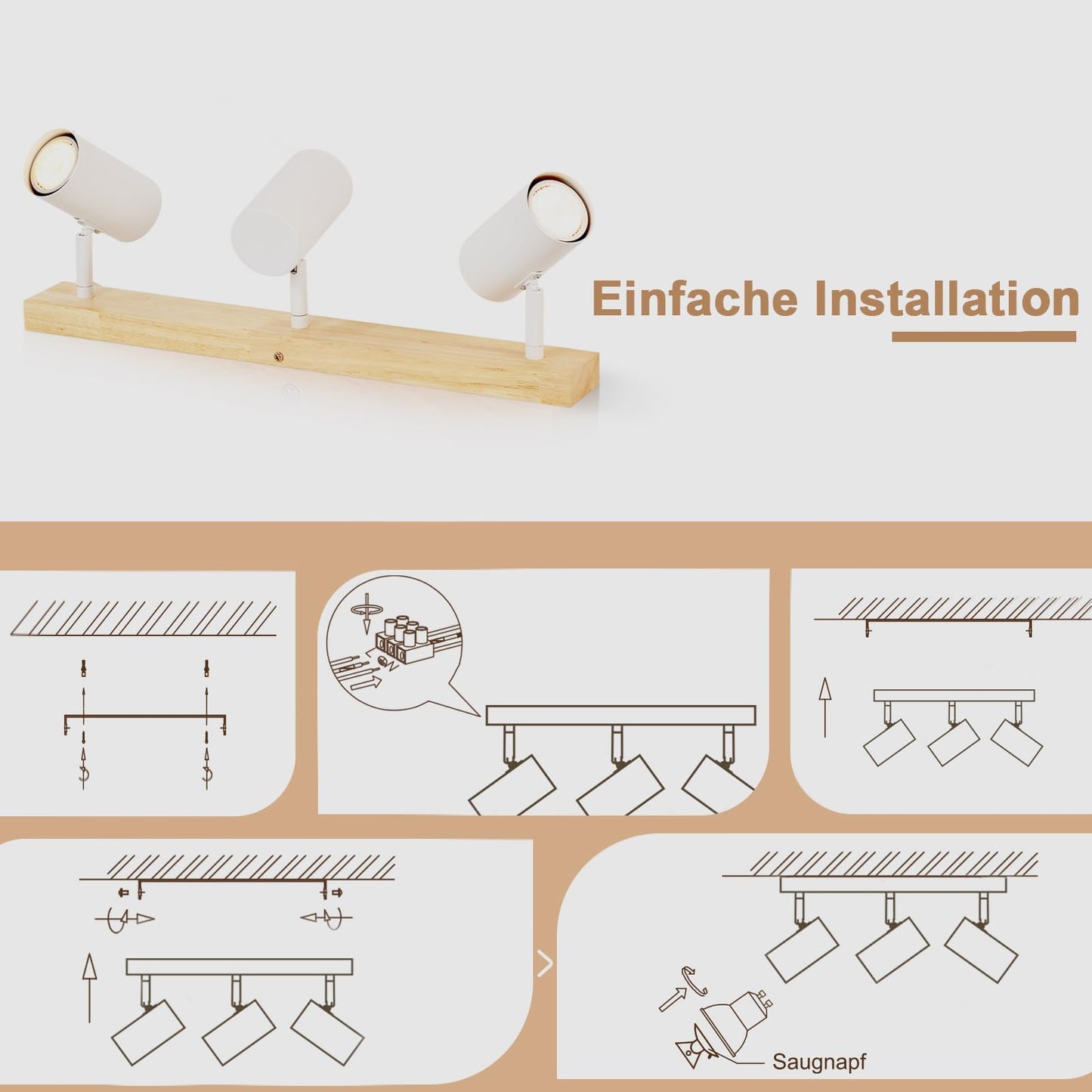 ZMH Deckenleuchte Holz 3 Flammig Deckenstrahler - Modern Deckenlampe GU10 Spots Industrial Wei? Schwenkbar 350¡ã Retro Wandstrahler f¨¹r Schlafzimmer Wohnzimmer Arbeitszimmer Flur K¨¹che