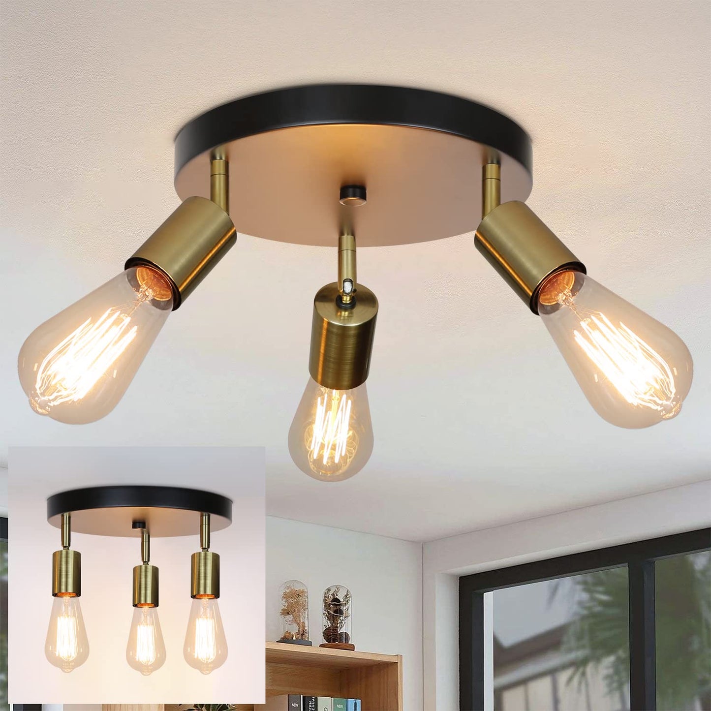 ZMH Deckenlampe Vintage 3 Flammig Deckenstrahler - Rund Deckenleuchte Modern Schlafzimmerlampe Schwarzgold E27 Kronleuchter Industrial Schwenkbar f¨¹r Schlafzimmer Esszimmer K¨¹che Flur Wohnzimmer