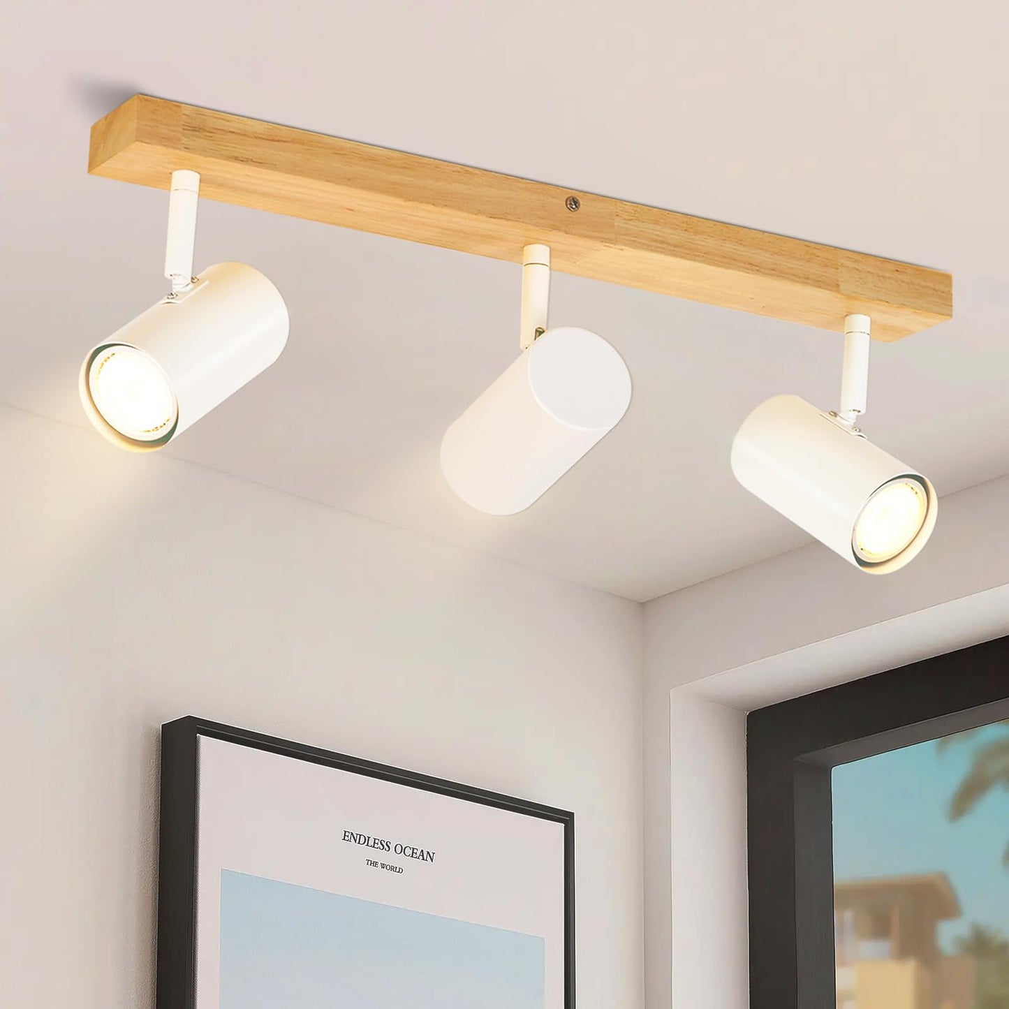 ZMH Deckenleuchte Holz 3 Flammig Deckenstrahler - Modern Deckenlampe GU10 Spots Industrial Wei? Schwenkbar 350¡ã Retro Wandstrahler f¨¹r Schlafzimmer Wohnzimmer Arbeitszimmer Flur K¨¹che