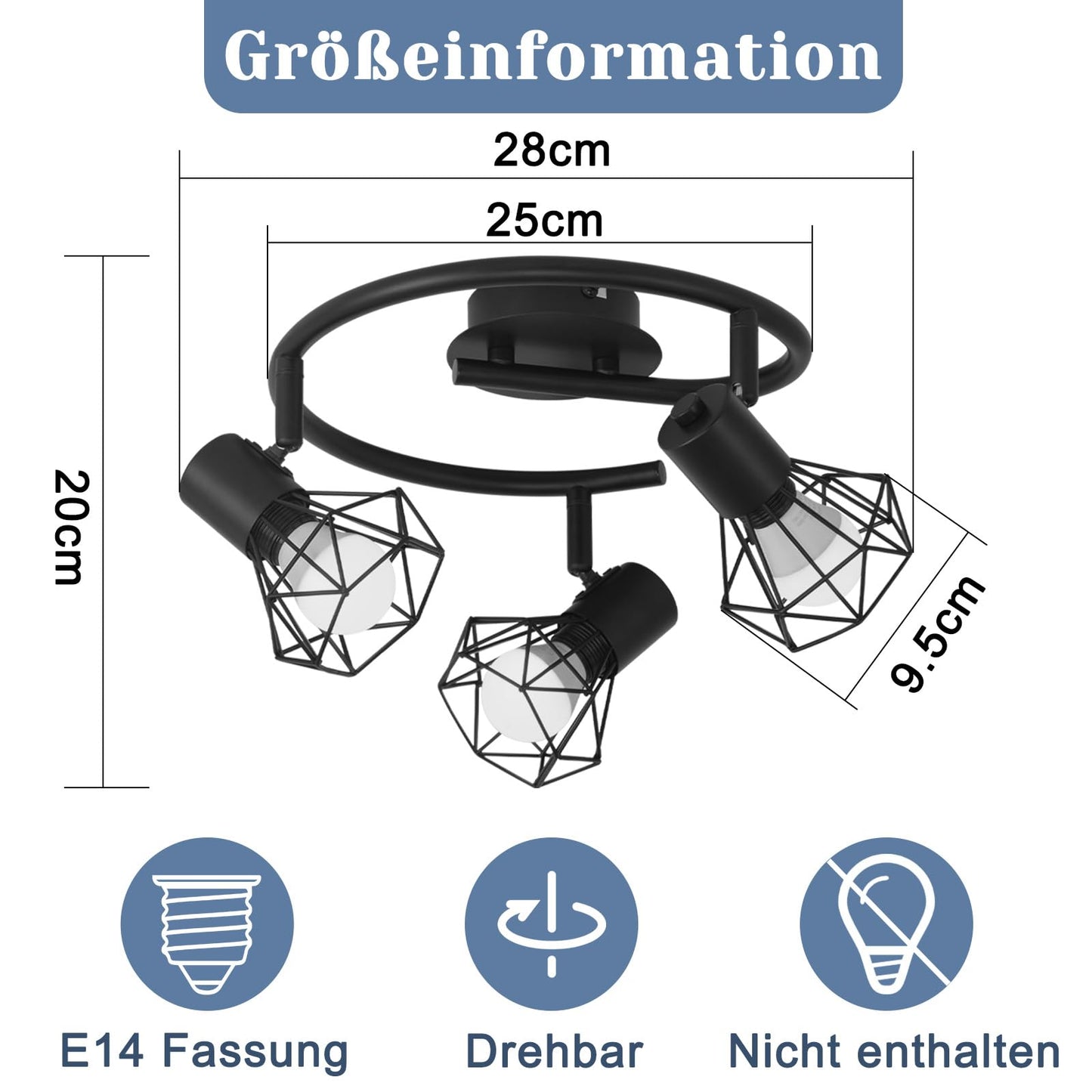 ZMH Deckenstrahler 3 Flammig Rund Deckenspots - Deckenleuchte E14 Schwarz Retro Schwenkbar Industrial K¨¹chenlampe Metall f¨¹r Schlafzimmer Wohnzimmer Arbeitszimmer Flur Keine Leuchtmittel