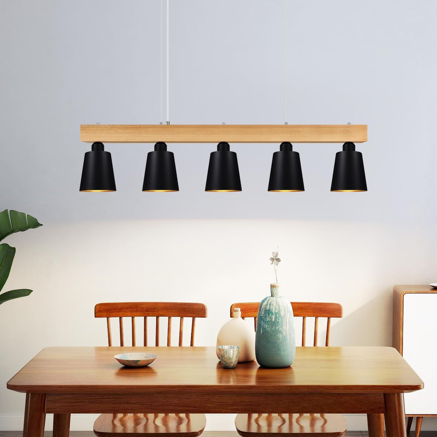 ZMH H?ngelampe Esstisch Pendelleuchte Schwarz - H?ngeleuchte Schlafzimmer Modern Esszimmerlampe Holz E27 Pendellampe Esszimmer 5 Flammig Esstischlampe Rustikal f¨¹r K¨¹che Hotel Flur(ohne Leuchtmittel)