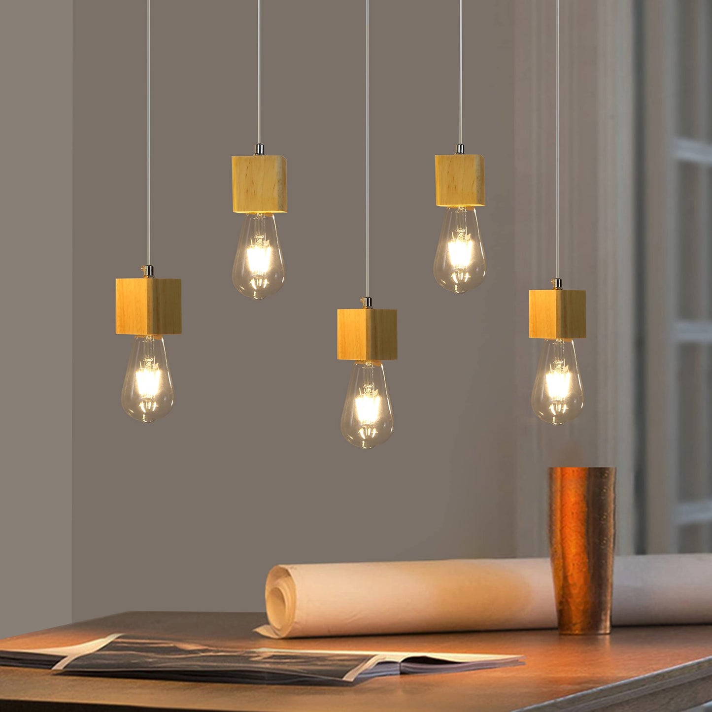 ZMH Pendelleuchte Holz Esstischlampe - 5 flammig Vintage H?ngelampe Esstischlampe H?ngeleuchte E27 Pendellampe f¨¹r Esszimmer K¨¹chen Wohnzimmer Restaurant Bar Ohne Leuchtmittel
