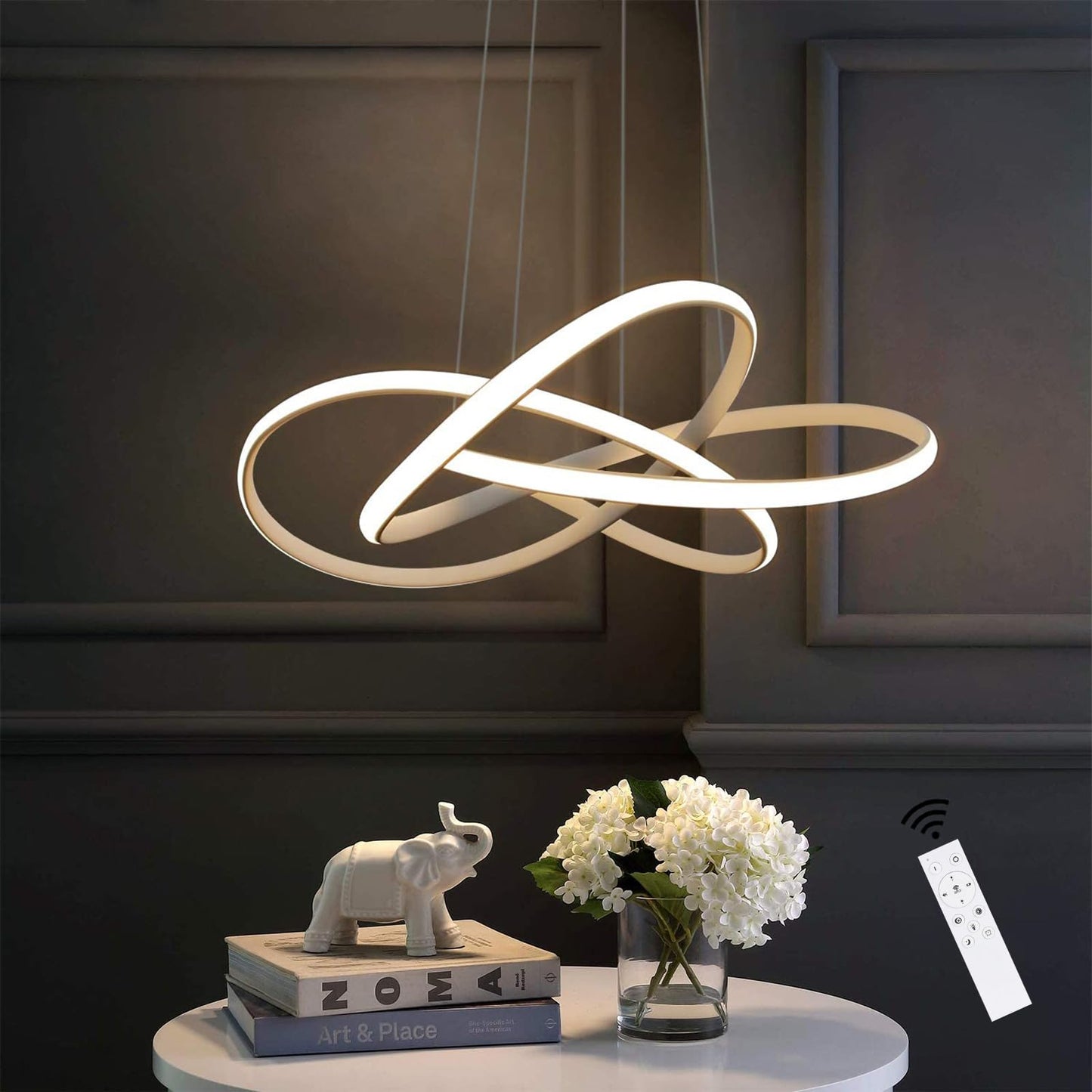 ZMH LED Pendelleuchte Esstisch in Wei? Moderne H?ngelampe ?62cm Ringe Kronleuchter Wohnzimmer 62W Dimmbar mit Fernbedienung H?he Einstellbar Innen Beleuchtung Pendant Lamp Restaurant Schlafzimmer
