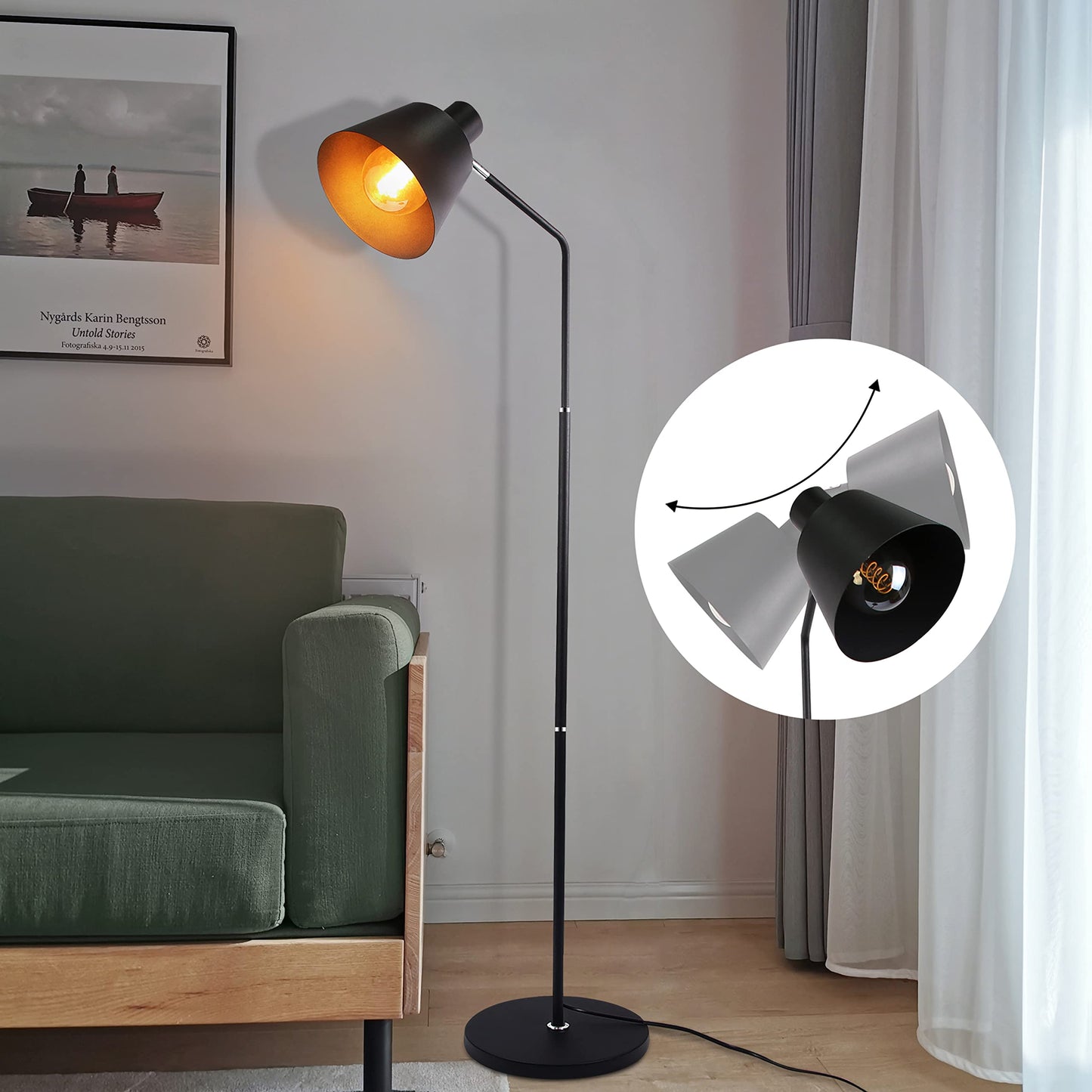 ZMH vintage Stehlampe retro Stehleuchte 166cm schwarz standleuchte mit E27 Fassung max.40w standlampe f¨¹r Wohnzimmer Schlafzimmer Kinderzimmer Arbeitszimmer B¨¹ro Bett-ohne Birne