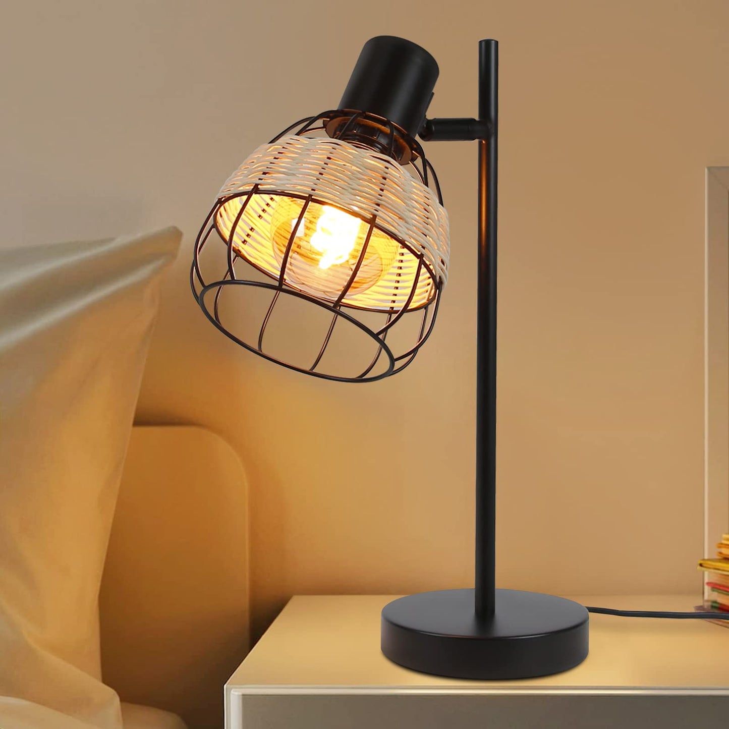 ZMH Tischlampe Vintage Tischleuchte Wohnzimmer Schwarz - E27 Nachttischlampe Retro Rattan Bambus Schwenkbar Lampenschirm Nachttischleuchte mit Schalter Max.40W Deko Schlafzimmer - Ohne Gl¨¹hbirne