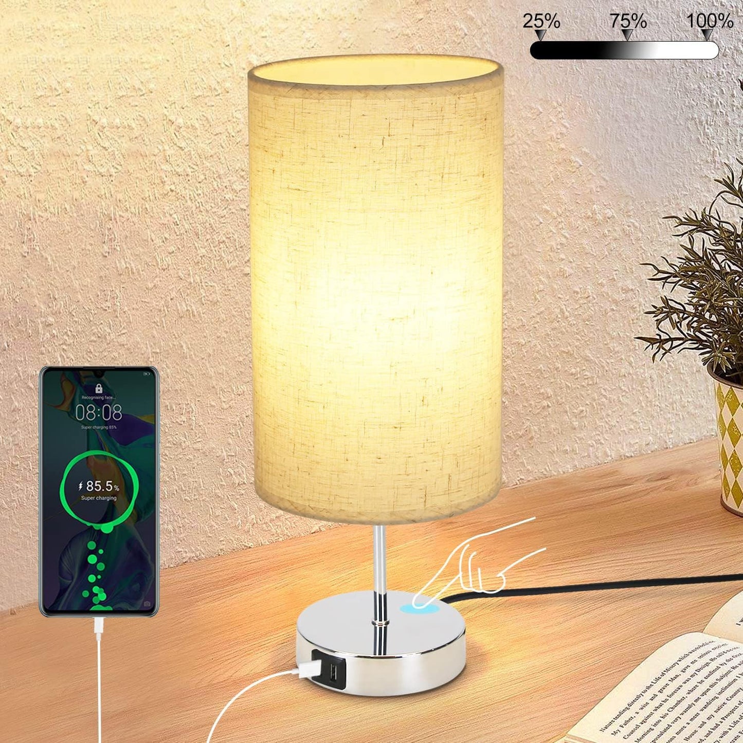 ZMH Nachttischlampe mit Ladefunktion Touch - Tischlampe E27 Warmwei? Dimmbar Nachtlicht USB Stoff Lampenschirm f¨¹r Modern Deko, Wohnzimmer, Geschenk, Esszimmer, Schlafzimmer