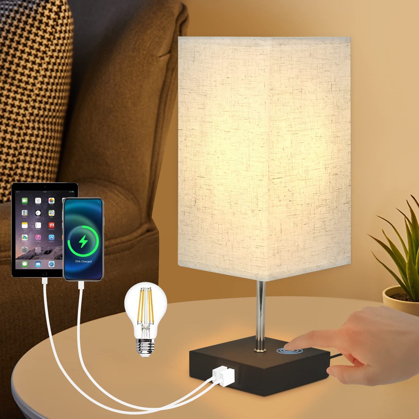 ZMH Tischlampe Touch Nachttischlampe USB - Schwarz Tischleuchte E27 Aufladbar Vintage Nachtlicht mit Ladefunktion Dimmbar f¨¹r Deko Schlafzimmer, Nachttisch, Geschenk, Esszimmer