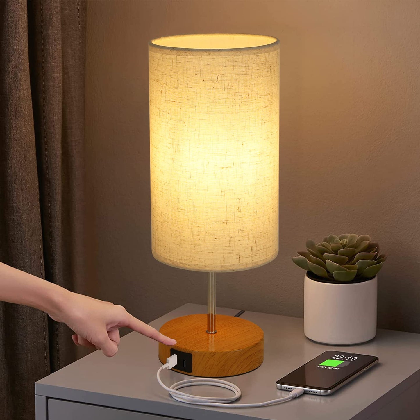ZMH Nachttischlampe Touch Dimmbar mit Ladefunktion - Vintage Tischlampe mit USB Anschl¨¹sse Nachttisch Lampe Holzoptik Bettlampe mit Stoffschirm Tischleuchte E27 f¨¹r Schlafzimmer Hotel Bett Flur