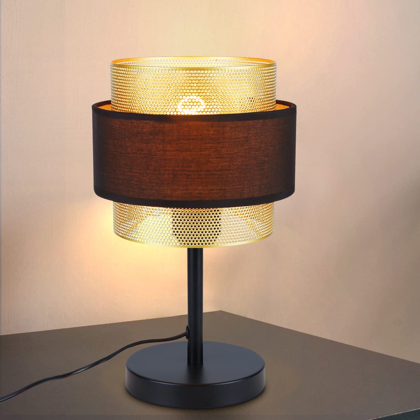 ZMH Tischlampe Retro Nachttischlampe Schwarz - Vintage Tischleuchte E27 f¨¹r Wohnzimmer Schlafzimmer Gold Design Nachttischleuchte aus Metall Stoffschirm in Industrial Antik Stil - ohne Gl¨¹hbirne