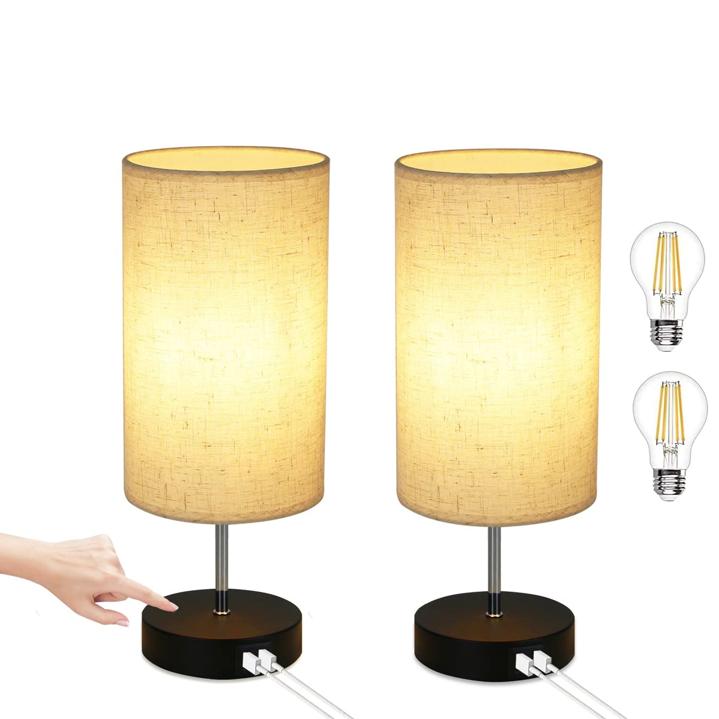 ZMH Tischlampe Touch Nachttischlampe - USB Schwarz Vintage Dimmbar Tischleuchte E27 mit Ladefunktion Stoff Lampenschirm f¨¹r Modern Deko Schlafzimmer, Geschenk, Wohnzimmer