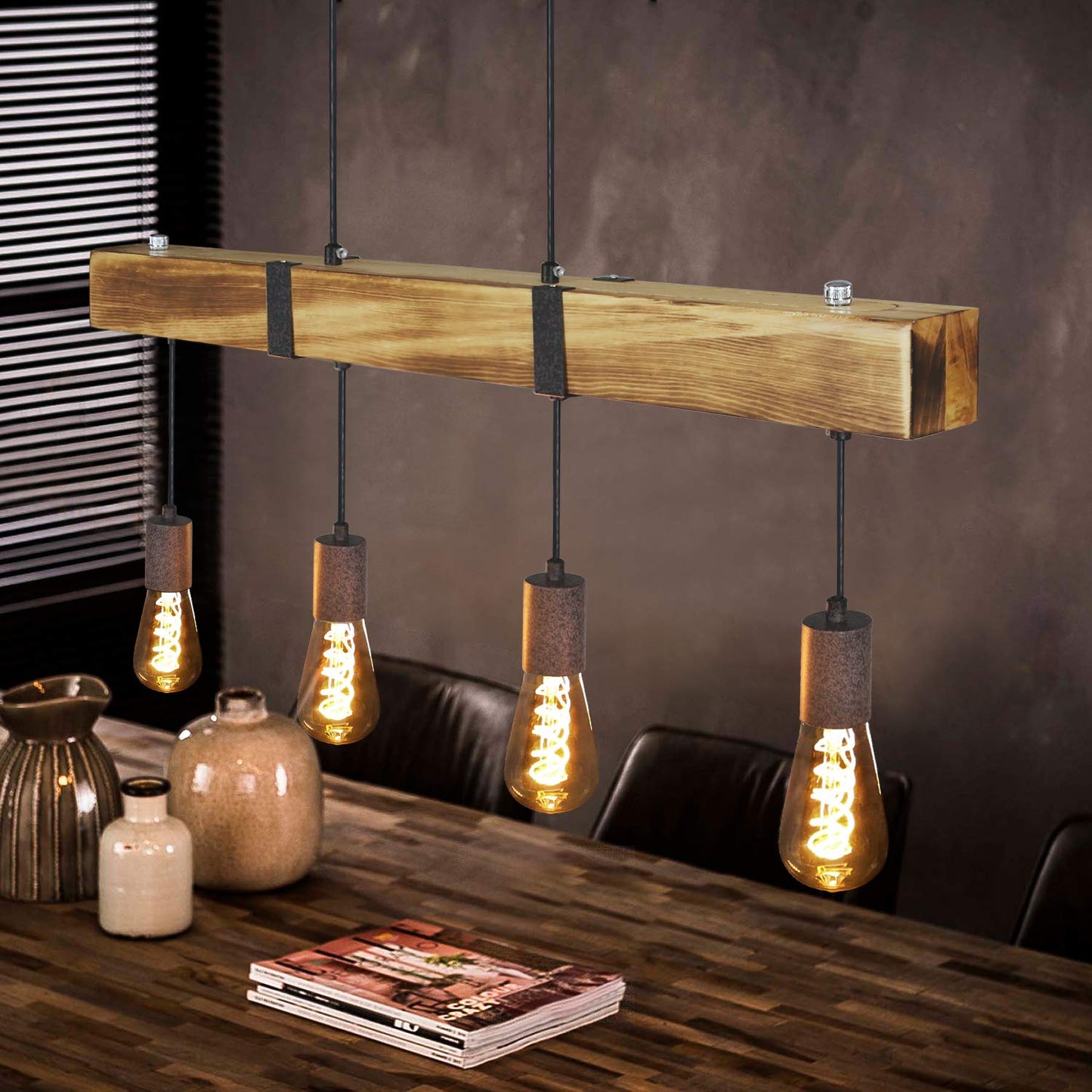 ZMH Vintage Pendelleuchte Holz Esstischlampe Retro H?ngeleuchte mit 80CM Holzbalken 4 x E27 max. 25 Watt H?ngelampe Industrial Pendellampe f¡§1r Esszimmer K¡§1che Wohnzimmer Bar Restaurant