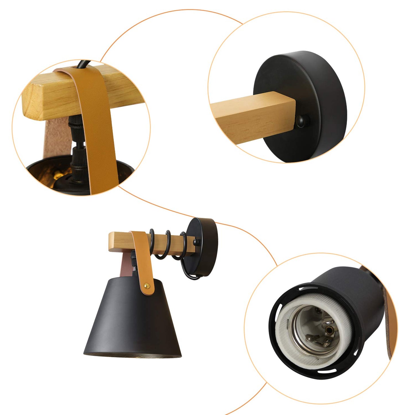 ZMH Vintage Wandleuchte Retro E27 Wandlampe in Schwarz Industrial innen Wandbeleuchtung aus Holz Leder Kunststoff f¨¹r Wohnzimmer Schlafzimmer K¨¹che Esszimmer Flur Treppenhaus Cafes (ohne Birne)