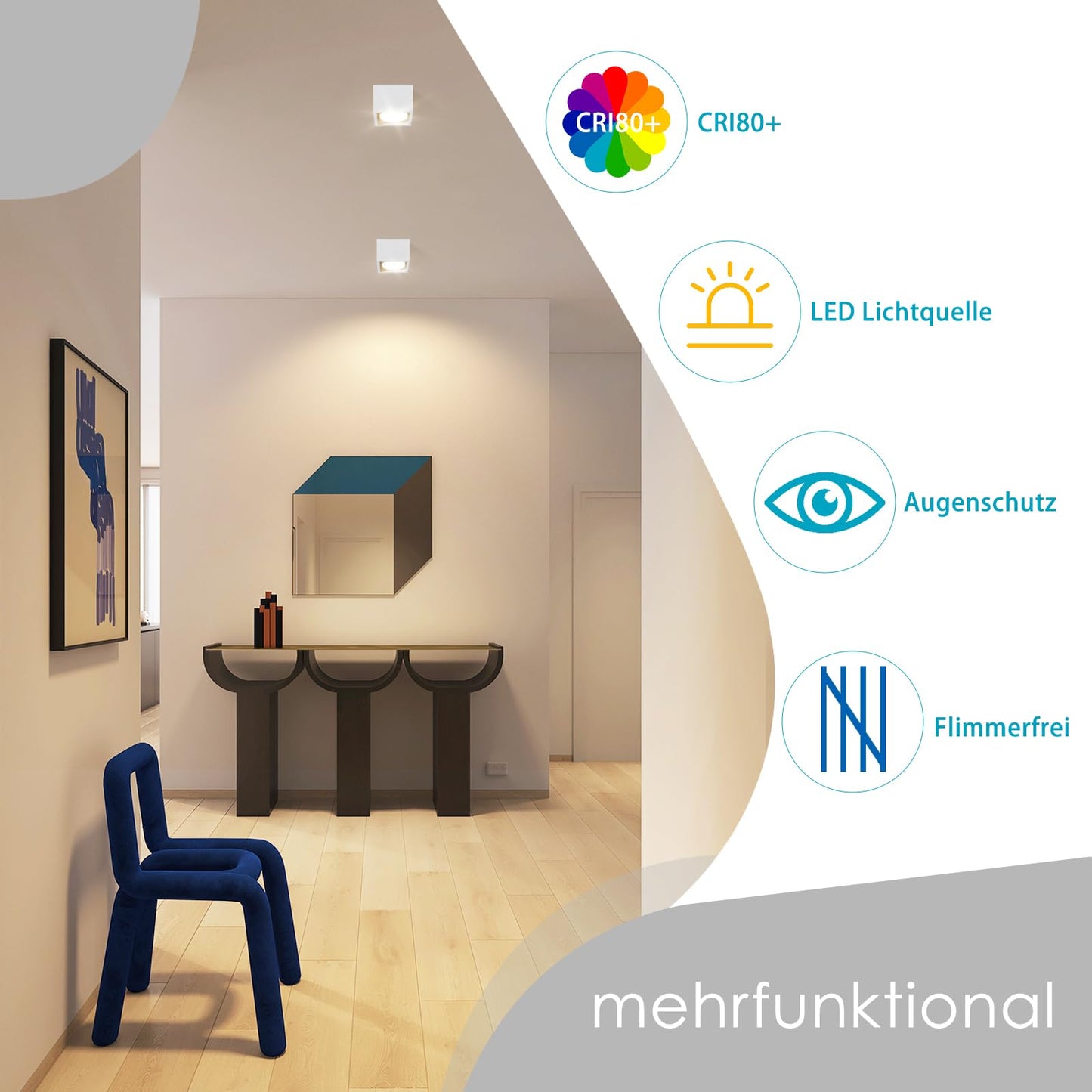ZMH Deckenspots LED Wei? Aufbaustrahler - Spots Deckenleuchte Aufputz Warmwei? Deckenstrahler Eckig GX53 Spotleuchte 5W Flach Aufbauspot Schwenkbar f¨¹r K¨¹che Wohnzimmer Esszimmer Korridor Flur