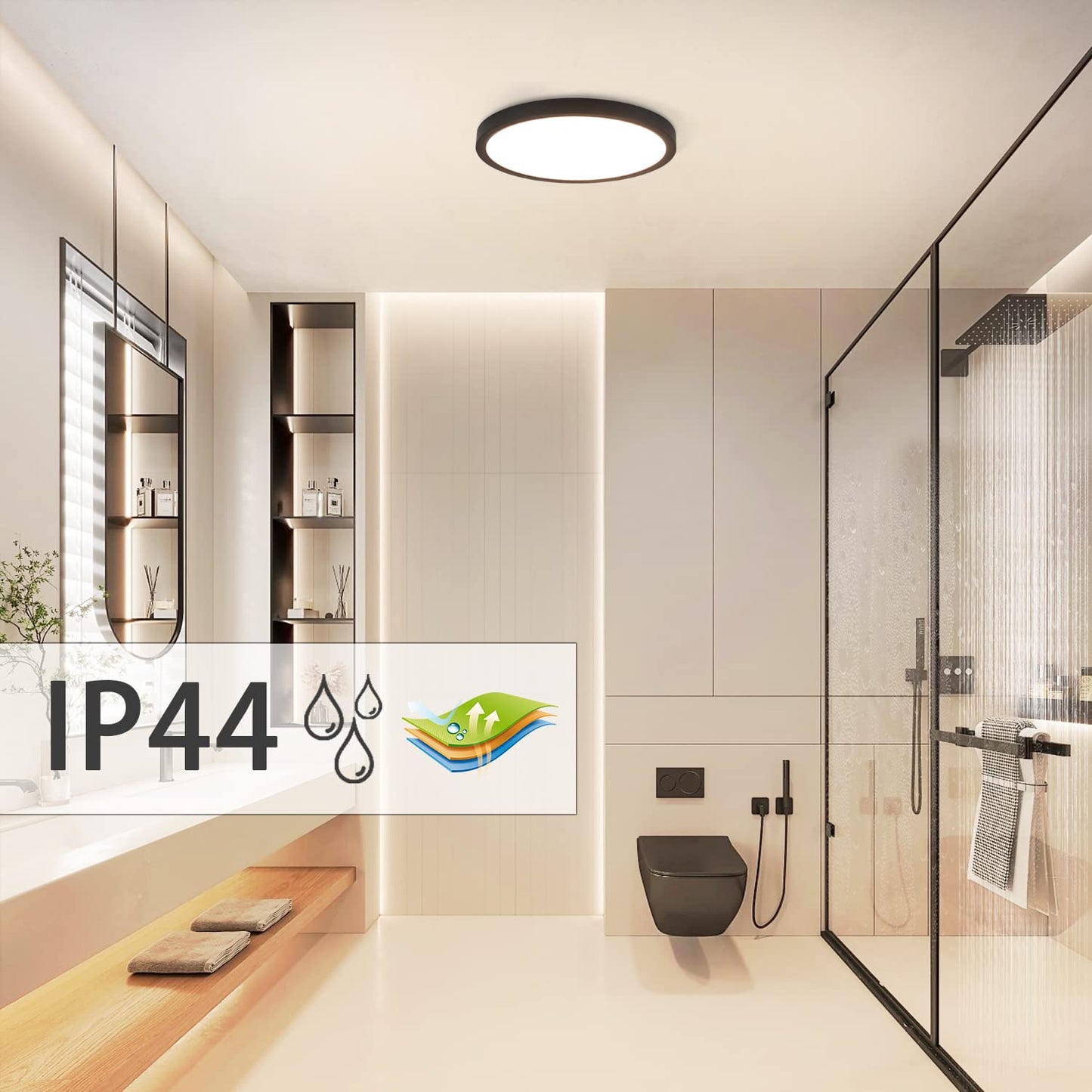 ZMH Deckenlampe LED Deckenleuchte K¨¹che - Badezimmerlampe Flach 15W K¨¹chenlampe Schwarz ?22cm Badezimmer Deckenbeleuchtung IP44 Schlafzimmerlampe Rund Badlampe Neutralwei? f¨¹r Schlafzimmer Bad Flur