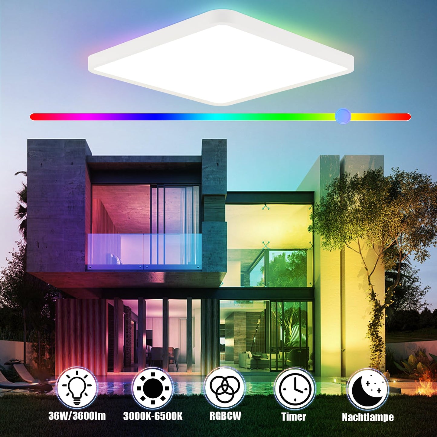 ZMH LED Deckenleuchte Flach Dimmbar Deckenlampe Wohnzimmer - RGB Farbwechsel Wohnzimmerlampe 36W Lampe Schlafzimmer Decke mit Fernbedienung Schlafzimmerlampe K¨¹chenlampe IP44 Badezimmer Lampe