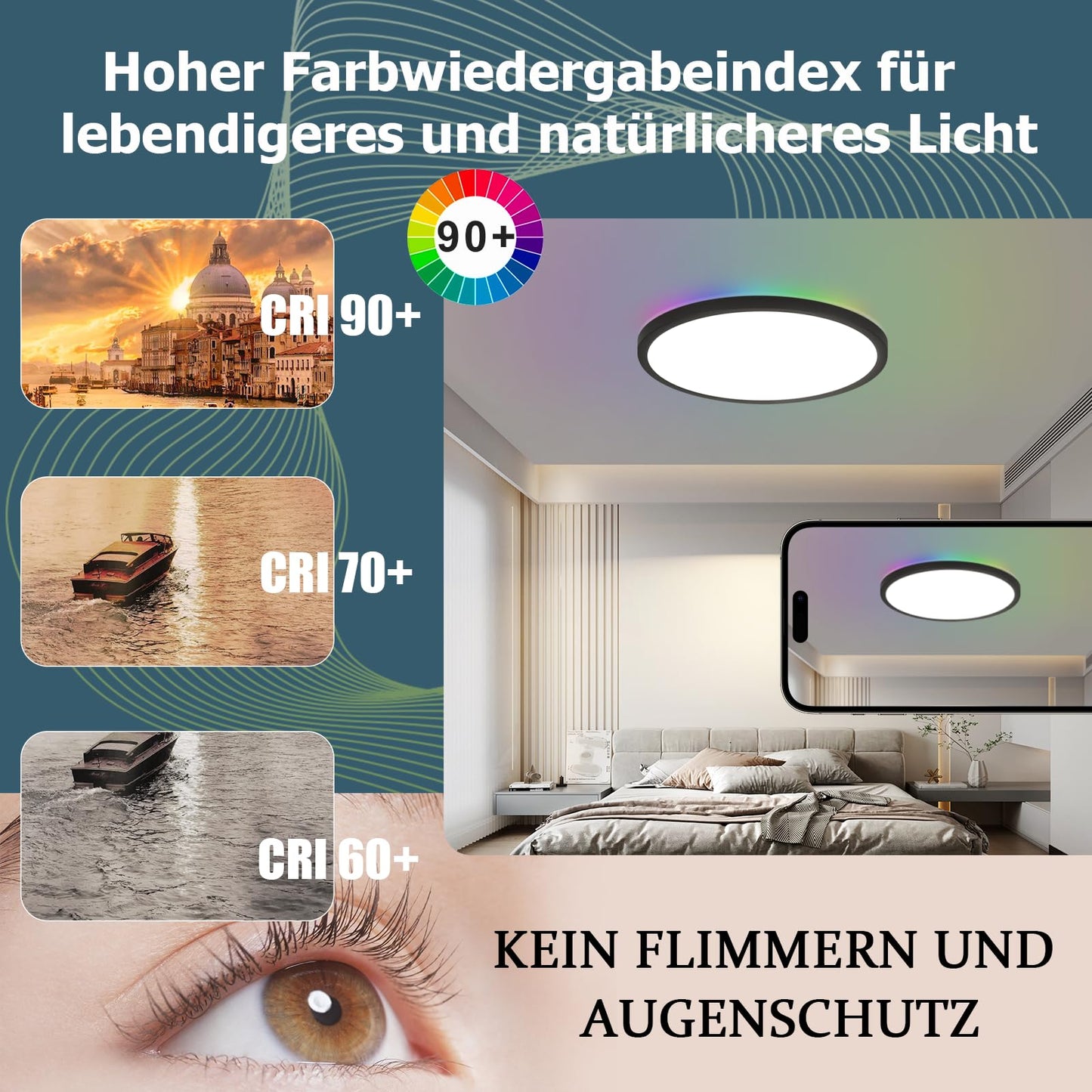 ZMH LED Deckenleuchte Flach Deckenlampe Wohnzimmer - 36W Wohnzimmerlampe Dimmbar mit Fernbedienung RGB Farbwechsel Lampe Schlafzimmer Rund Schwarz Rund IP44 Deckenlampe Badezimme