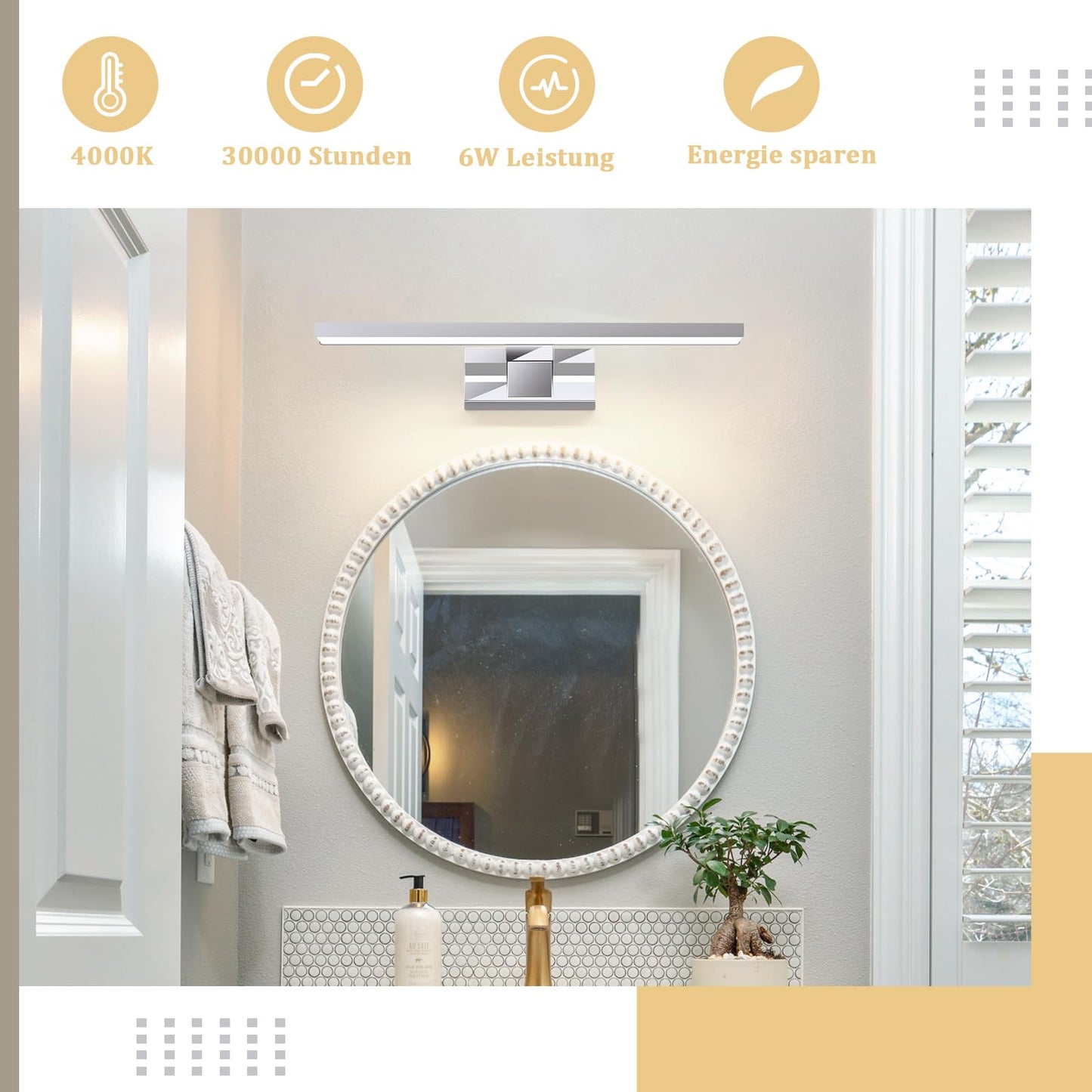 ZMH LED Spiegelleuchte Bad Spiegellampe - 6W Badleuchte Wand 30CM Wandlampe Badezimmer Wasserdicht IP44 Wandleuchte Chrom Modern Neutralwei? 4000K Badlampe Wandmontage f¨¹r Keller K¨¹che Badschrank