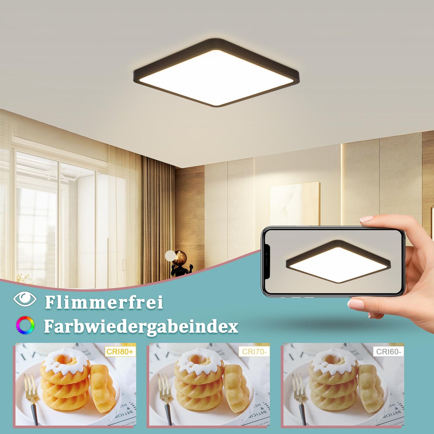 ZMH Deckenlampe LED Deckenleuchte Flach - Schlafzimmerlampe Schwarz Badezimmerlampe 23CM Deckenbeleuchtung Schlafzimmer 18W K¨¹chenlampe Eckig Badlampe Decke Flurlampe 4000K f¨¹r Bad K¨¹che Flur