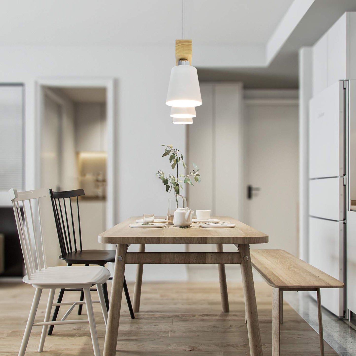 ZMH Pendelleuchte Esstisch Holz H?ngelampe 3 Flammig Warmwei? Vintage H?henverstellbar Esstischlampe H?ngend f¨¹r Esszimmer Wohnzimmer B¨¹ro Schlafzimmer K¨¹che boho - Wei? - E27 MAX.25W, 70x14x23CM