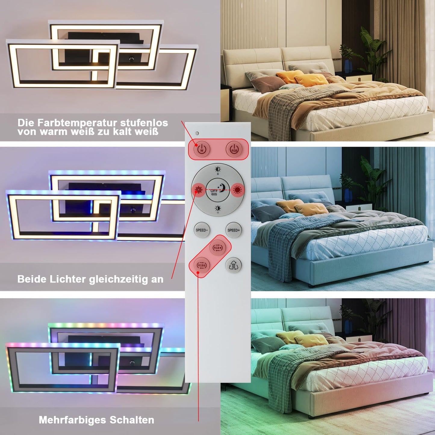 ZMH Deckenlampe LED Deckenleuchte Wohnzimmer - 45W Wohnzimmerlampe Schwarz Modern Schlafzimmerlampe Dimmbar mit Fernbedienung RGB Farbwechsel Schlafzimmer Deckenbeleuchtung Geometrisch f¨¹r K¨¹che