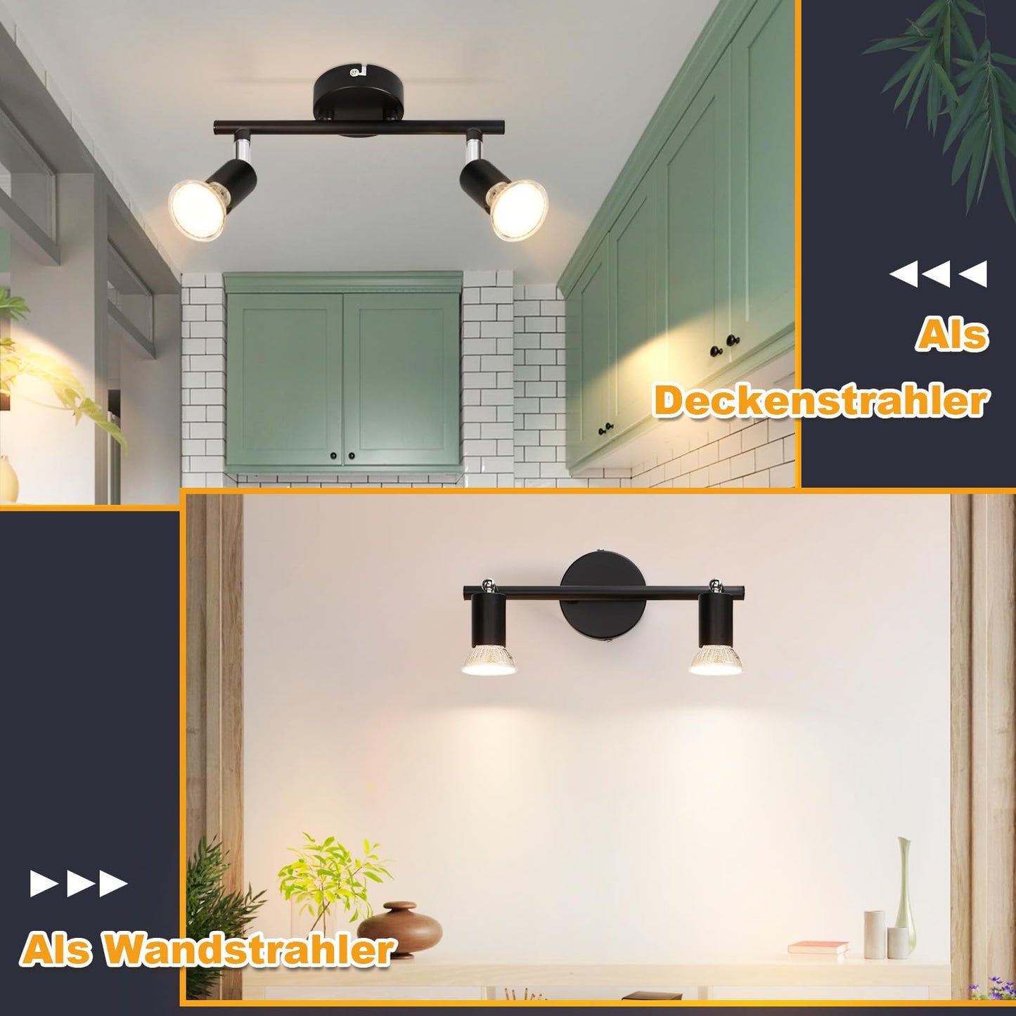ZMH Deckenleuchte 2 Flammig Schwarz Deckenspot - Deckenstrahler LED Schwenkbar 330¡ã GU10 Strahlar Ceiling Deckenlampe Schlafzimmer Wandstrahler f¨¹r Flur Schlafzimmer Korrid Wohnzimmer