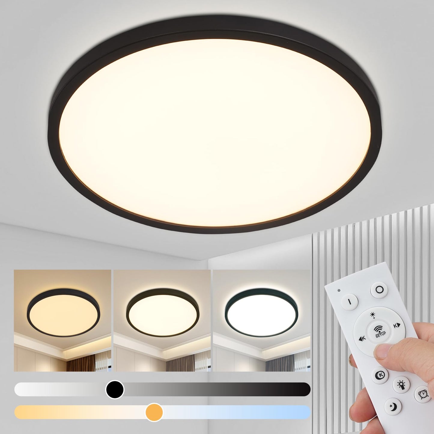 ZMH LED Deckenleuchte Flach Schwarz - 28W Dimmbar Deckenlampe Rund mit Fernbedienung 3000-6500K ?30 CM Badezimmerlampe f¨¹r K¨¹che Esszimmer Flur Schlafzimmer Badezimmer