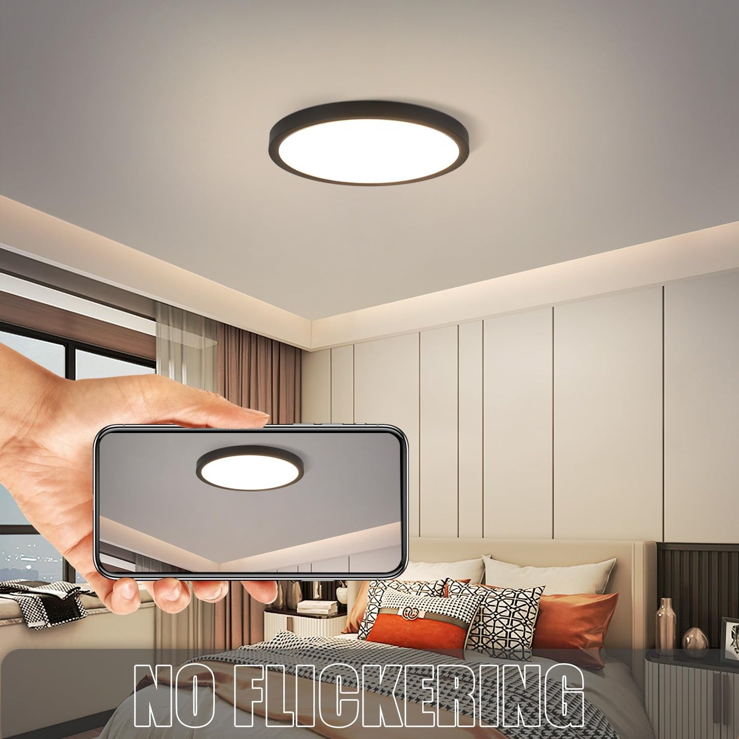 ZMH Deckenlampe LED Deckenleuchte Flach - 15W Badlampe 4000K ?22cm Schlafzimmer K¨¹che Deckenbeleuchtung Schlafzimmerlampe IP44 Wasserdicht Flurlampe Schwarz K¨¹chenlampe Rund f¨¹r Bad Flur Wohnzimmer